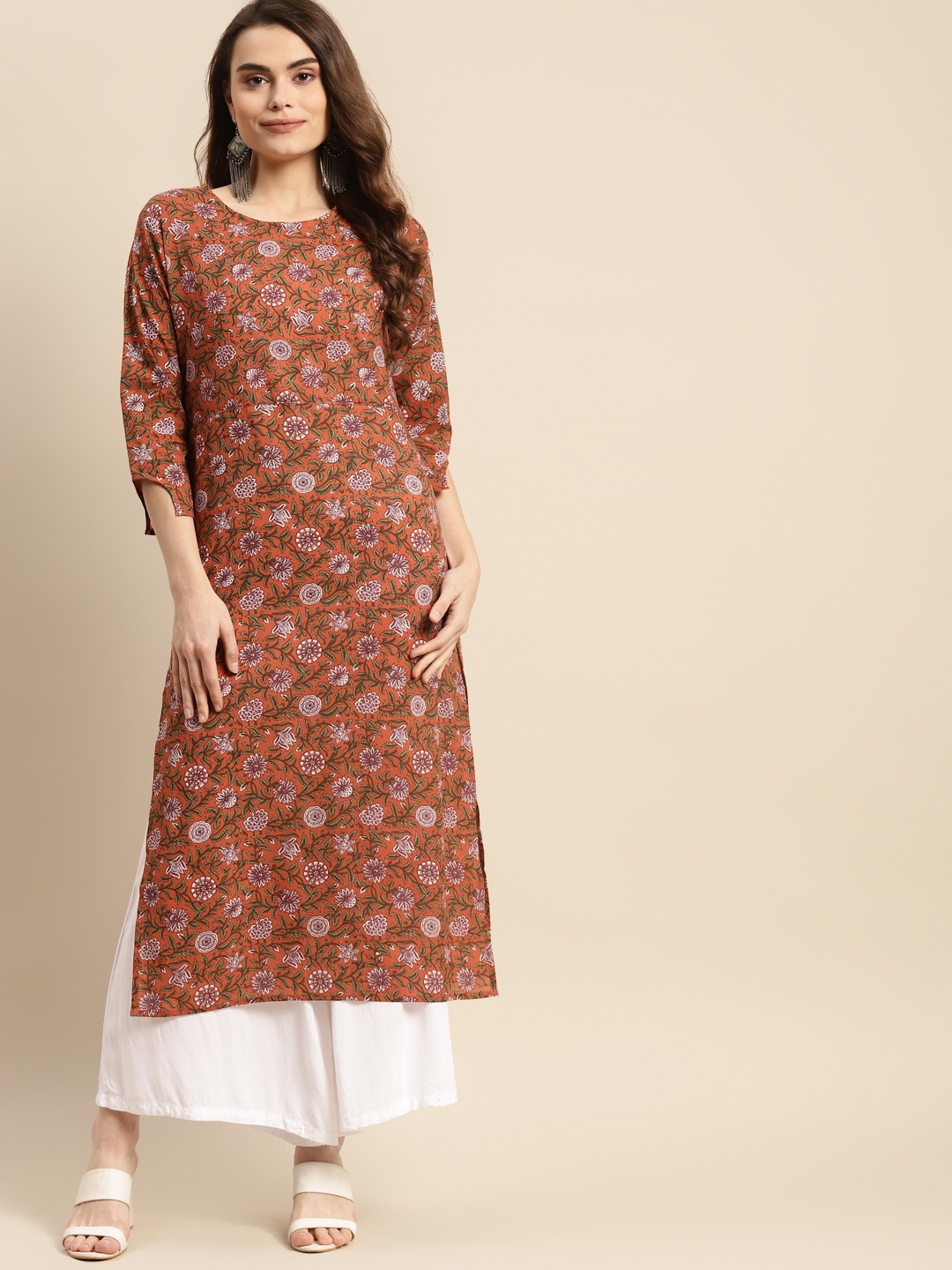 

Prakrti Women Rust Brown & Mauve Floral Jaal Print Round Neck Pure Cotton Straight Kurta
