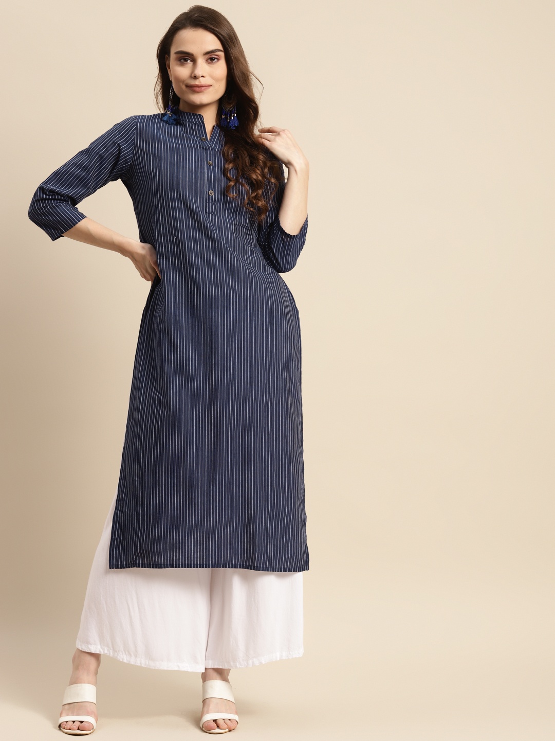 

Prakrti Women Navy Blue Striped Mandarin Collar Pure Cotton Indigo Straight Kurta