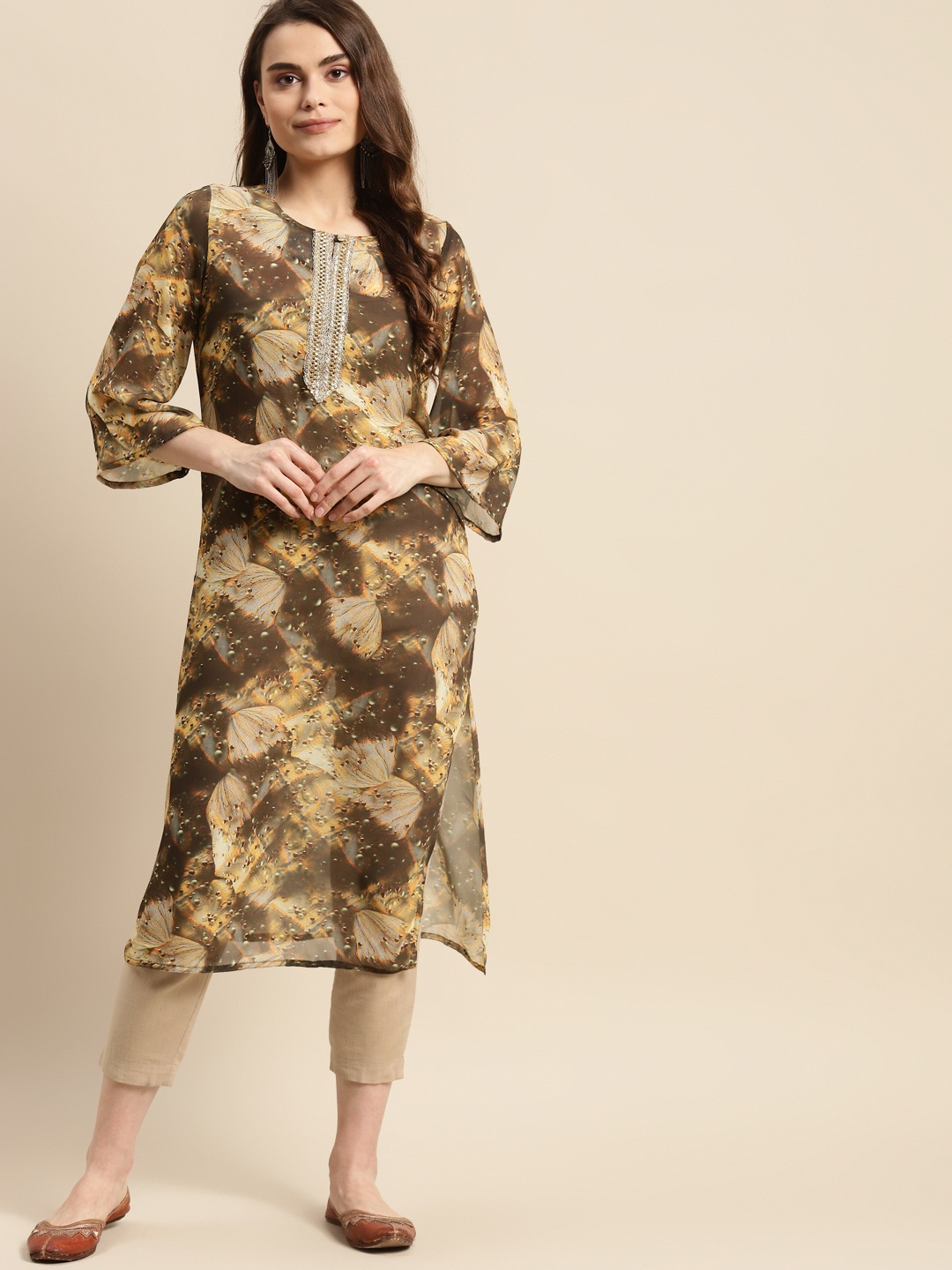 

Prakrti Women Mustard Yellow & Grey Abstract Printed Georgette Kurta