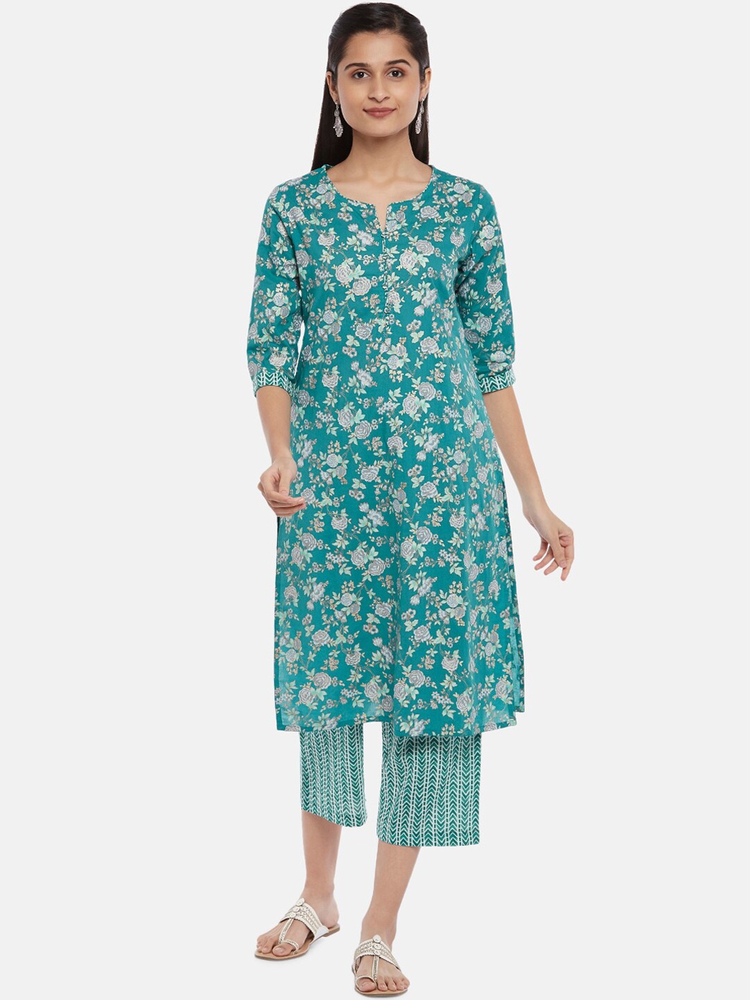 

RANGMANCH BY PANTALOONS Women Teal Printed Pure Cotton Kurta with Trousers
