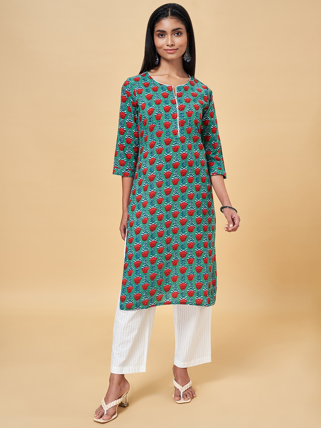 

RANGMANCH BY PANTALOONS Women Blue Floral Printed Pure Cotton Kurta with Trousers