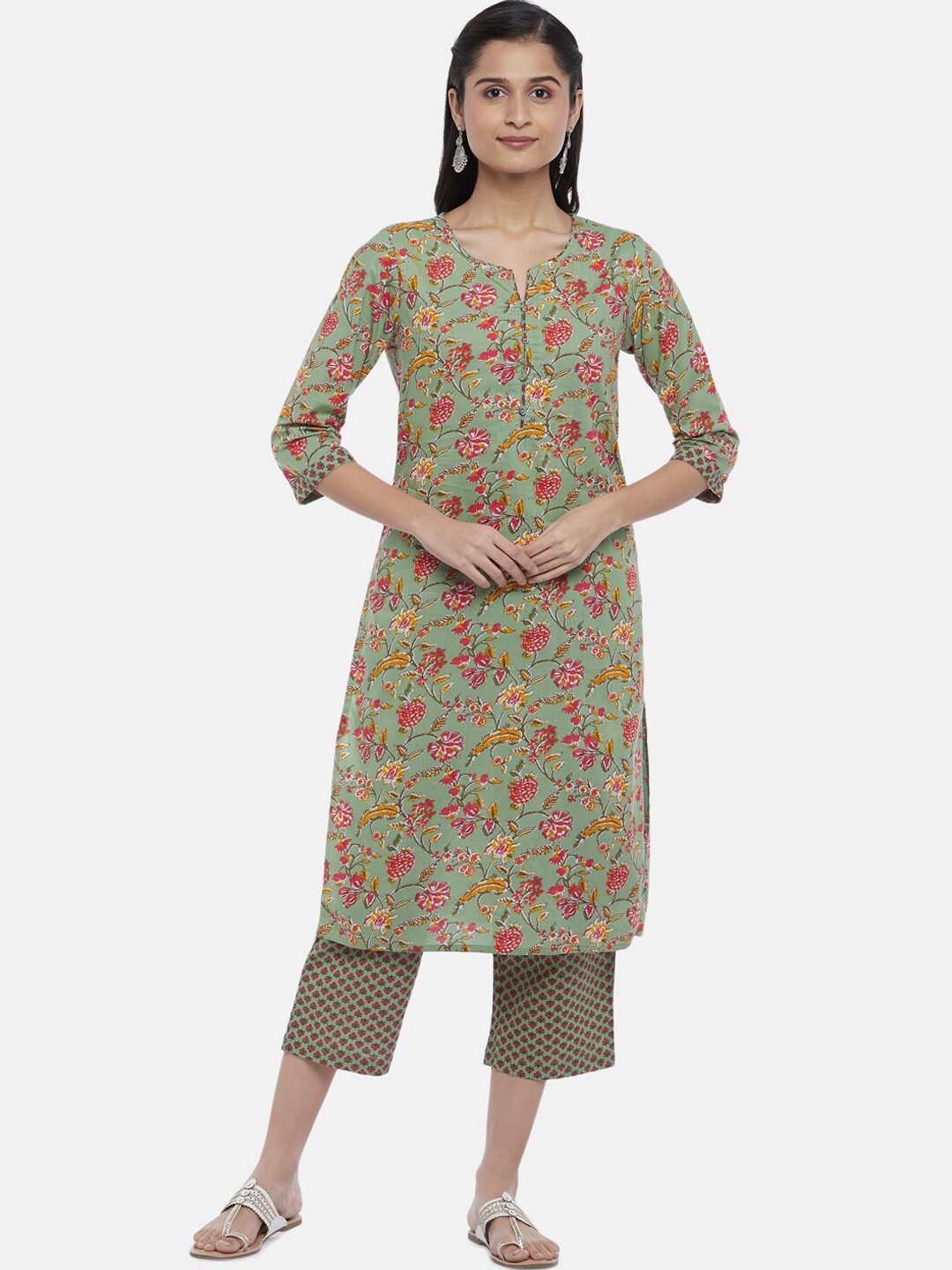 

RANGMANCH BY PANTALOONS Women Green Floral Printed Pure Cotton Kurti with Trousers