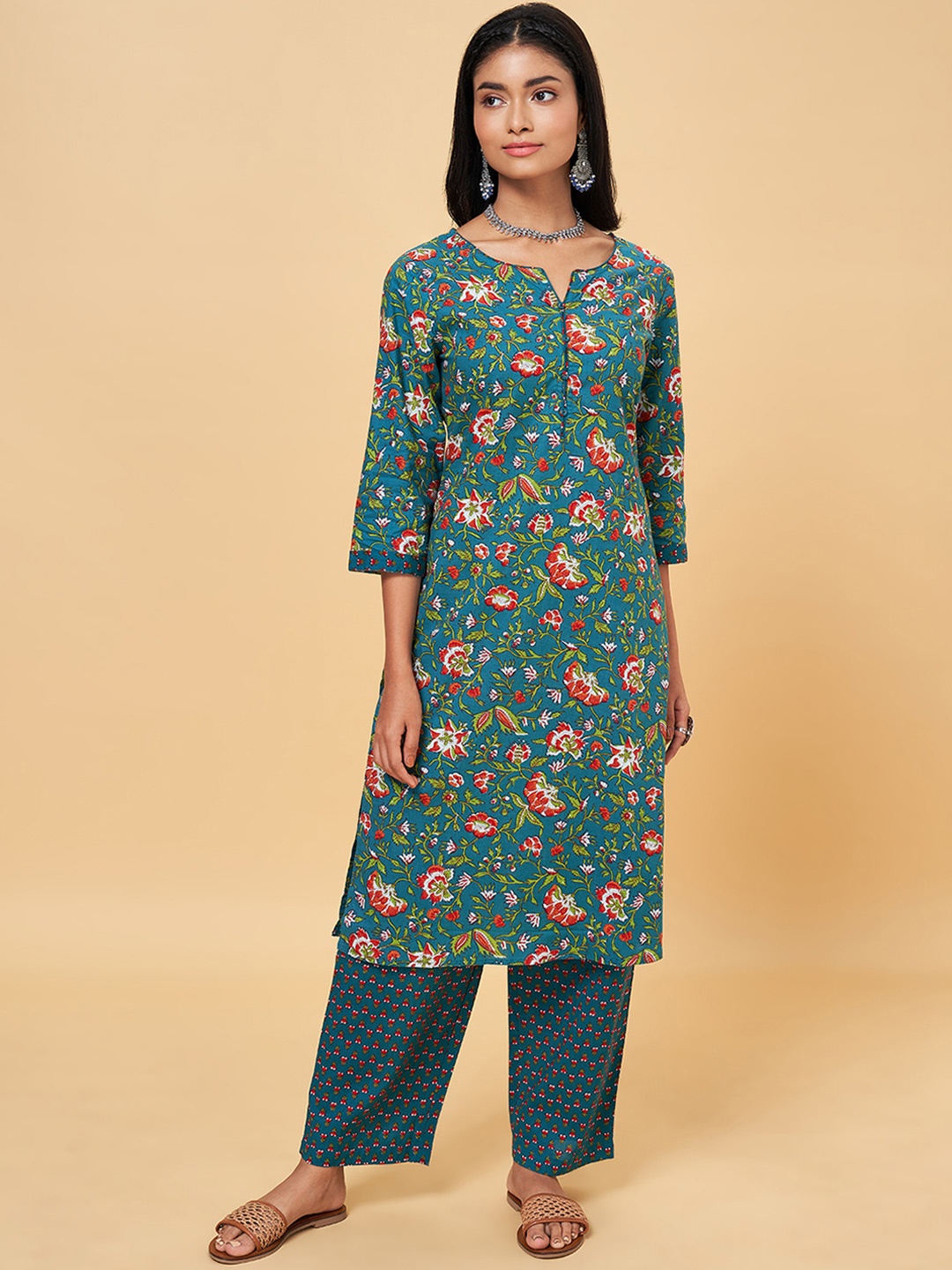 

RANGMANCH BY PANTALOONS Women Teal Floral Printed Pure Cotton Kurta Set