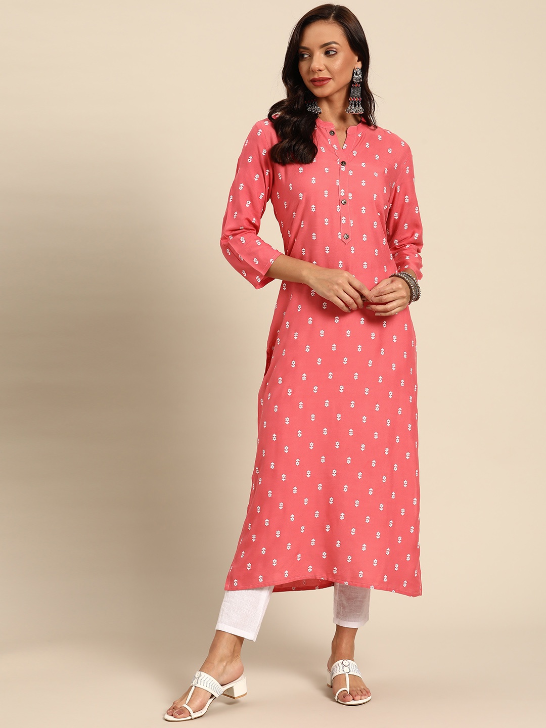 

Prakrti Women Coral & White Floral Print Kurta