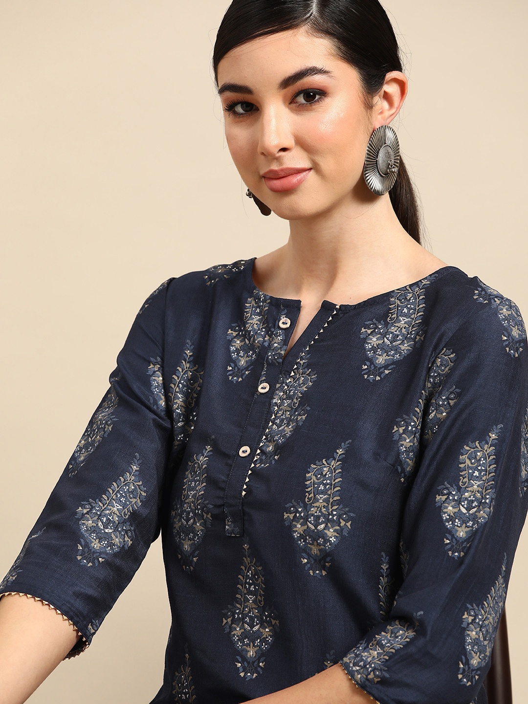Anouk Women Navy Blue Floral Printed Flared Sleeves Kurta