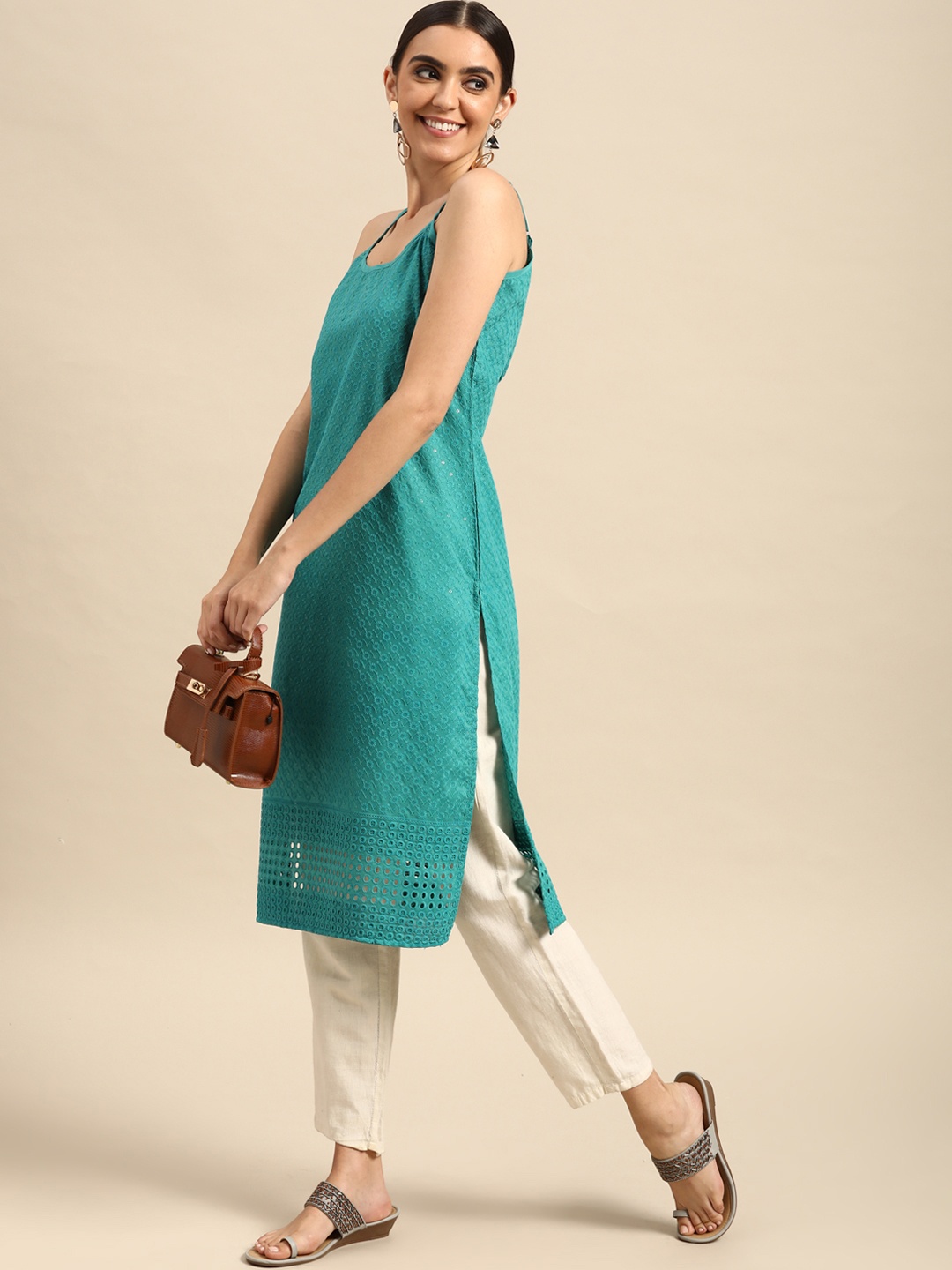 

Anouk Women Sea Green Ethnic Motifs Embroidered Kurta