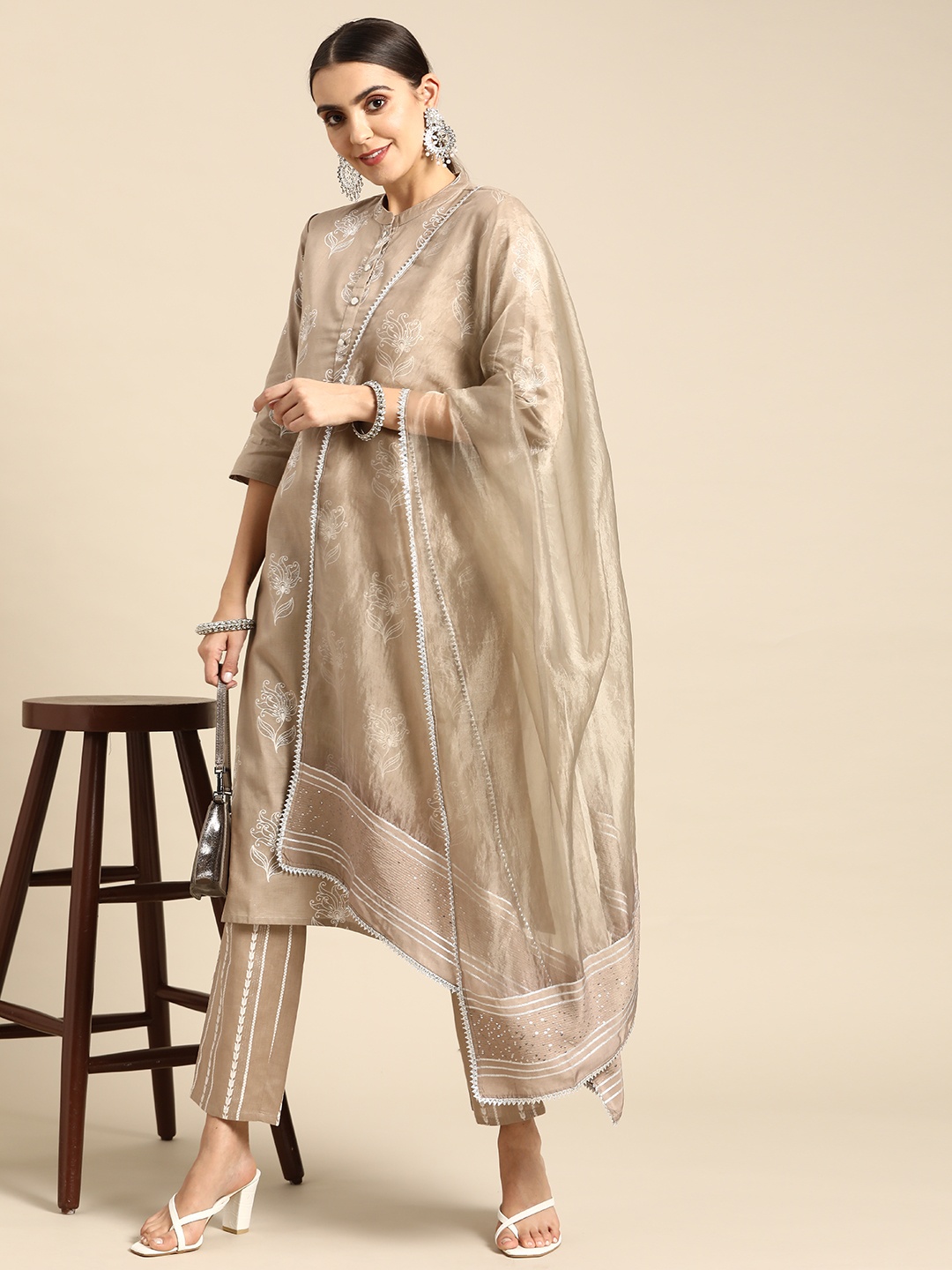 

Anouk Women Beige Floral Print Pure Cotton Kurta with Palazzos & Dupatta