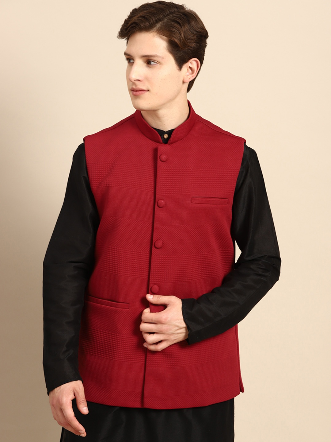 

Anouk Men Rust Red Solid Quilted Cotton Silk Sustainable Nehru Jacket