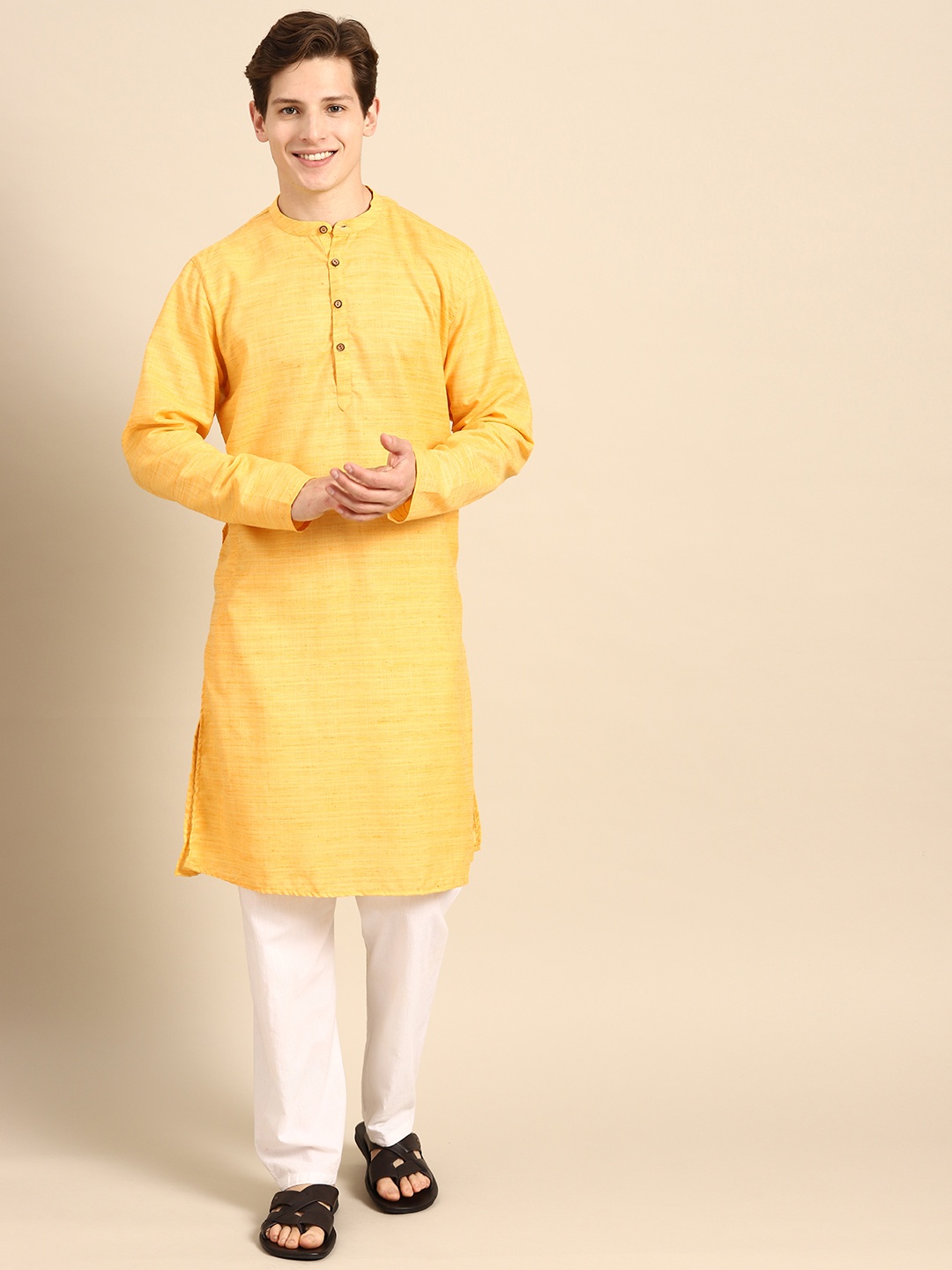 

Anouk Men Yellow Jacquard Woven Design Straight Kurta