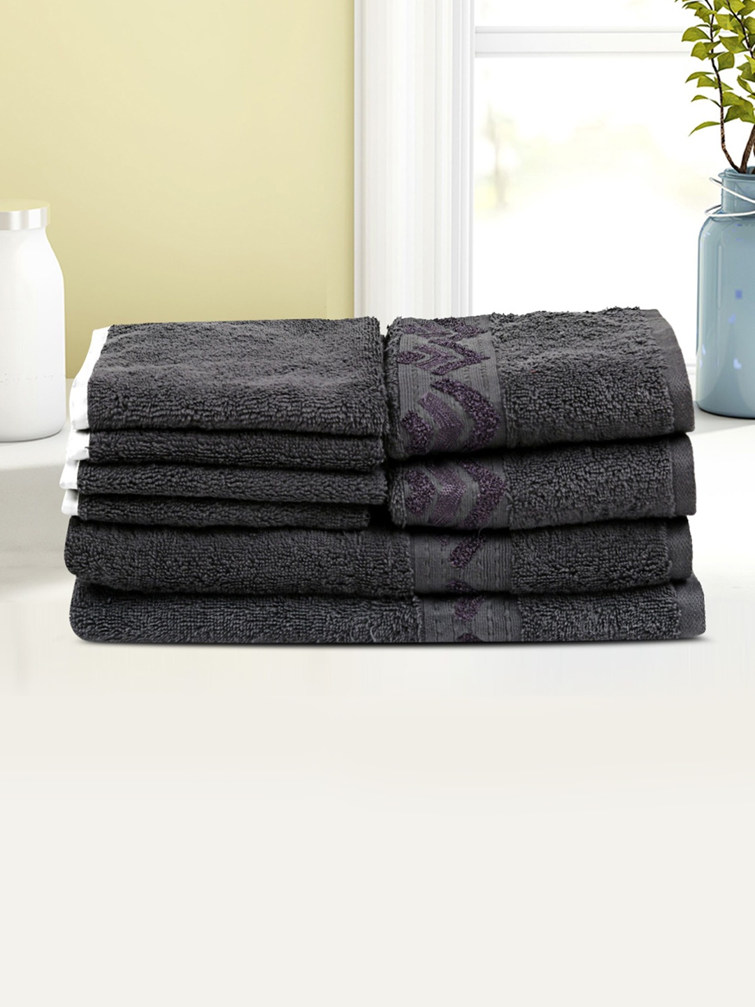 

LUSH & BEYOND Set Of 8 Grey Self-Design 500 GSM Pure Cotton Towels Set