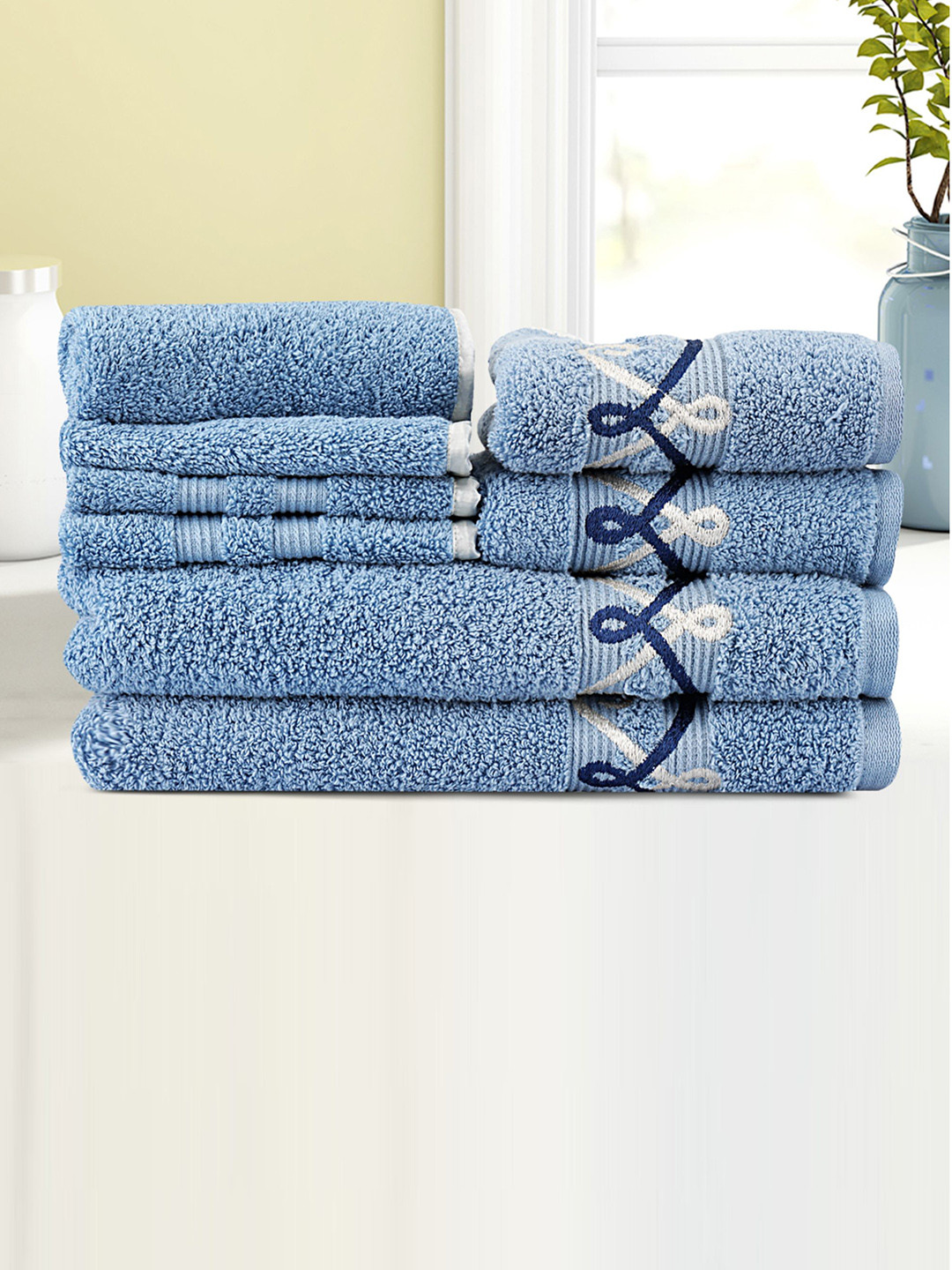 

LUSH & BEYOND Set Of 8 Blue Self-Design 500 GSM Pure Cotton Towels Set