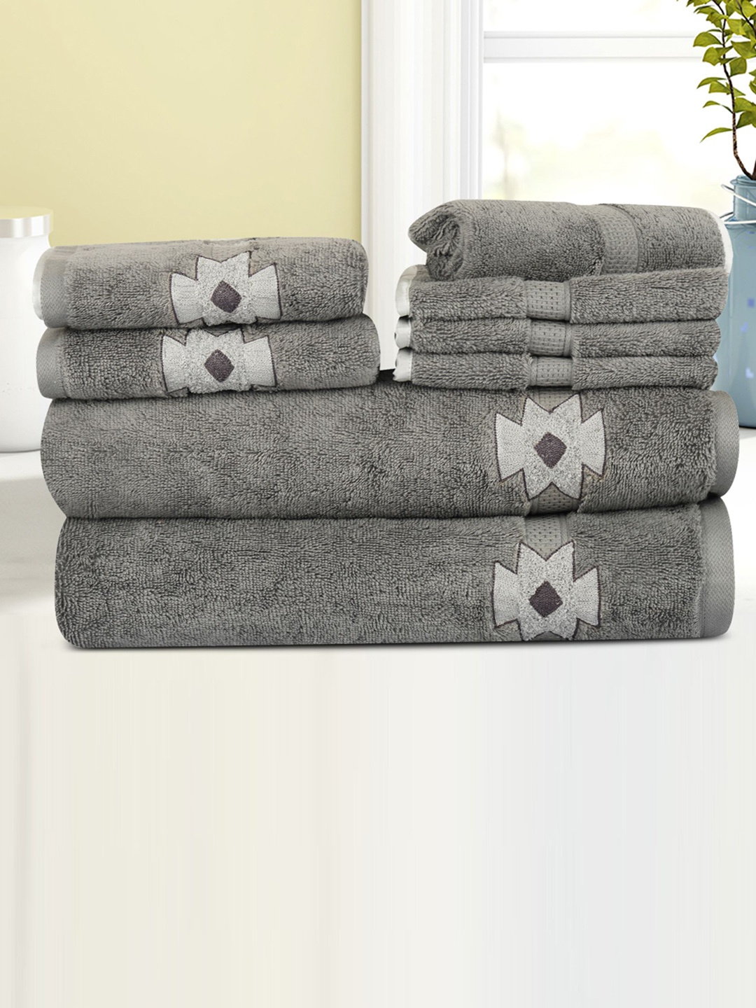 

LUSH & BEYOND Set Of 8 Grey Self-Design 500 GSM Pure Cotton Towels Set