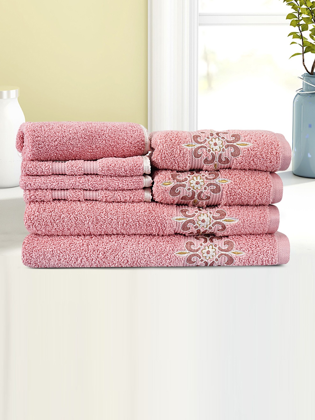 

LUSH & BEYOND Set Of 8 Peach-Coloured Self-Design 500 GSM Pure Cotton Towels Set