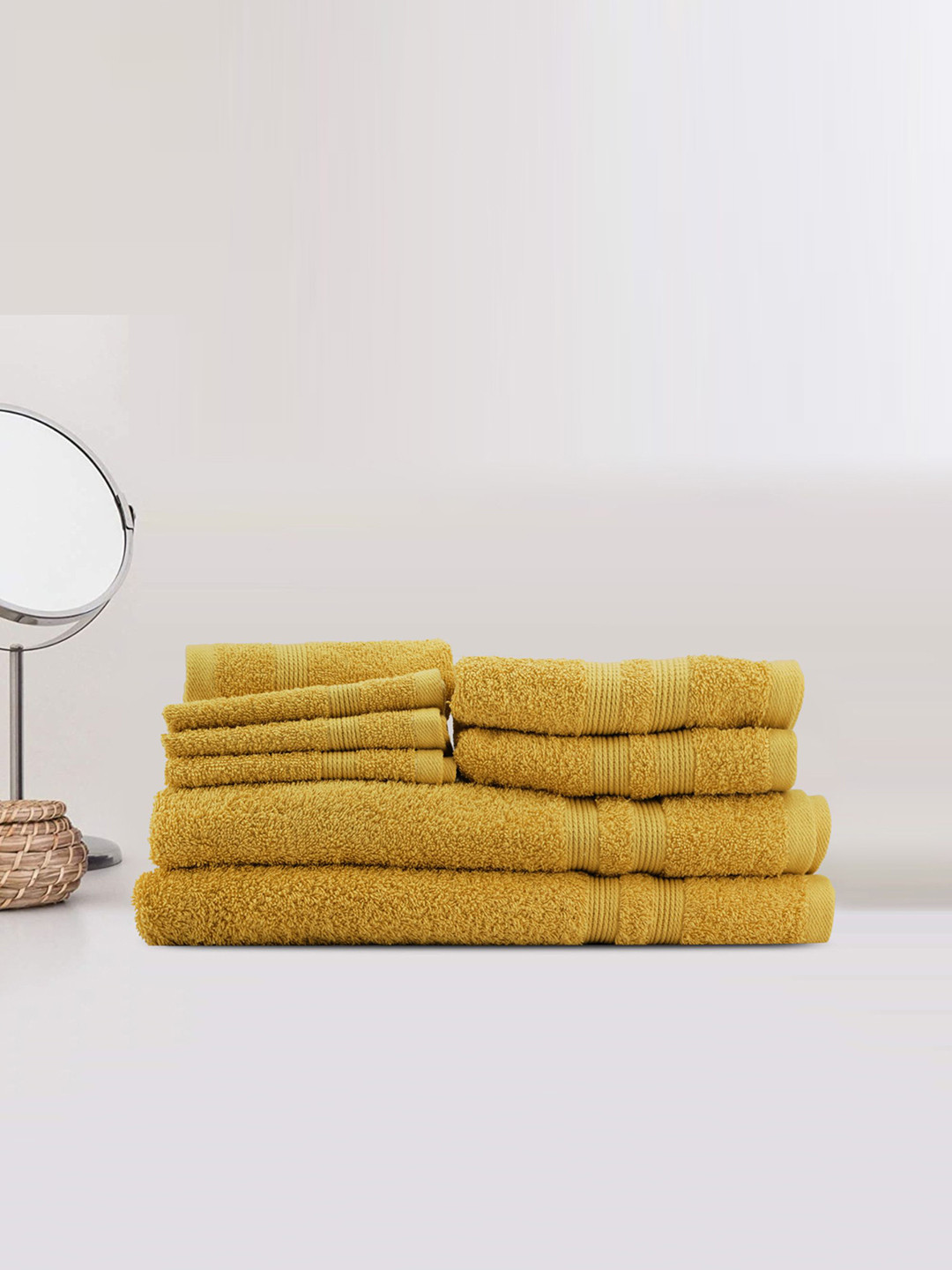 

LUSH & BEYOND Set Of 8 Yellow Self-Design 500 GSM Pure Cotton Towels Set