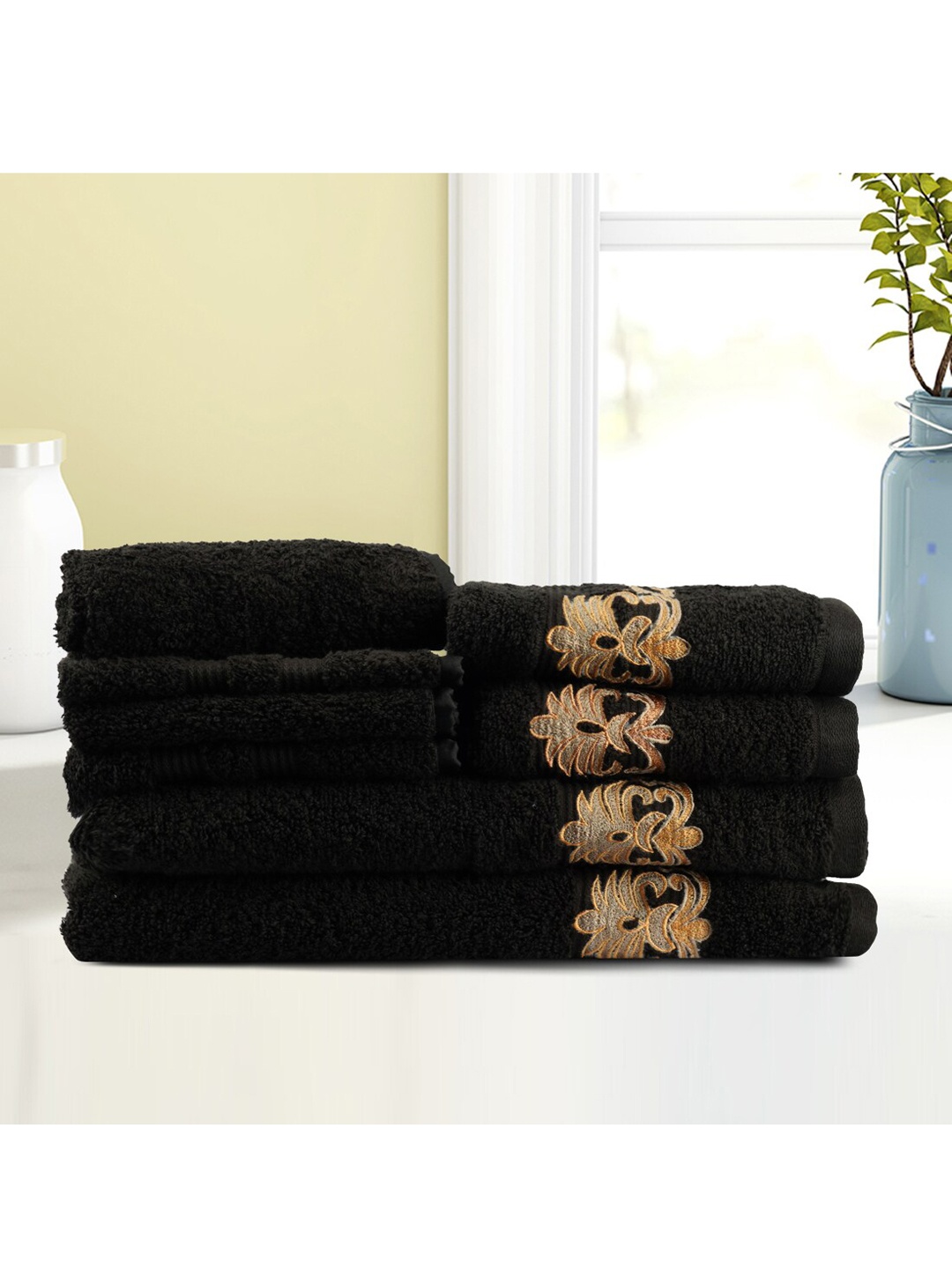 

LUSH & BEYOND Set Of 8 Black Self-Design 500 GSM Pure Cotton Towels Set