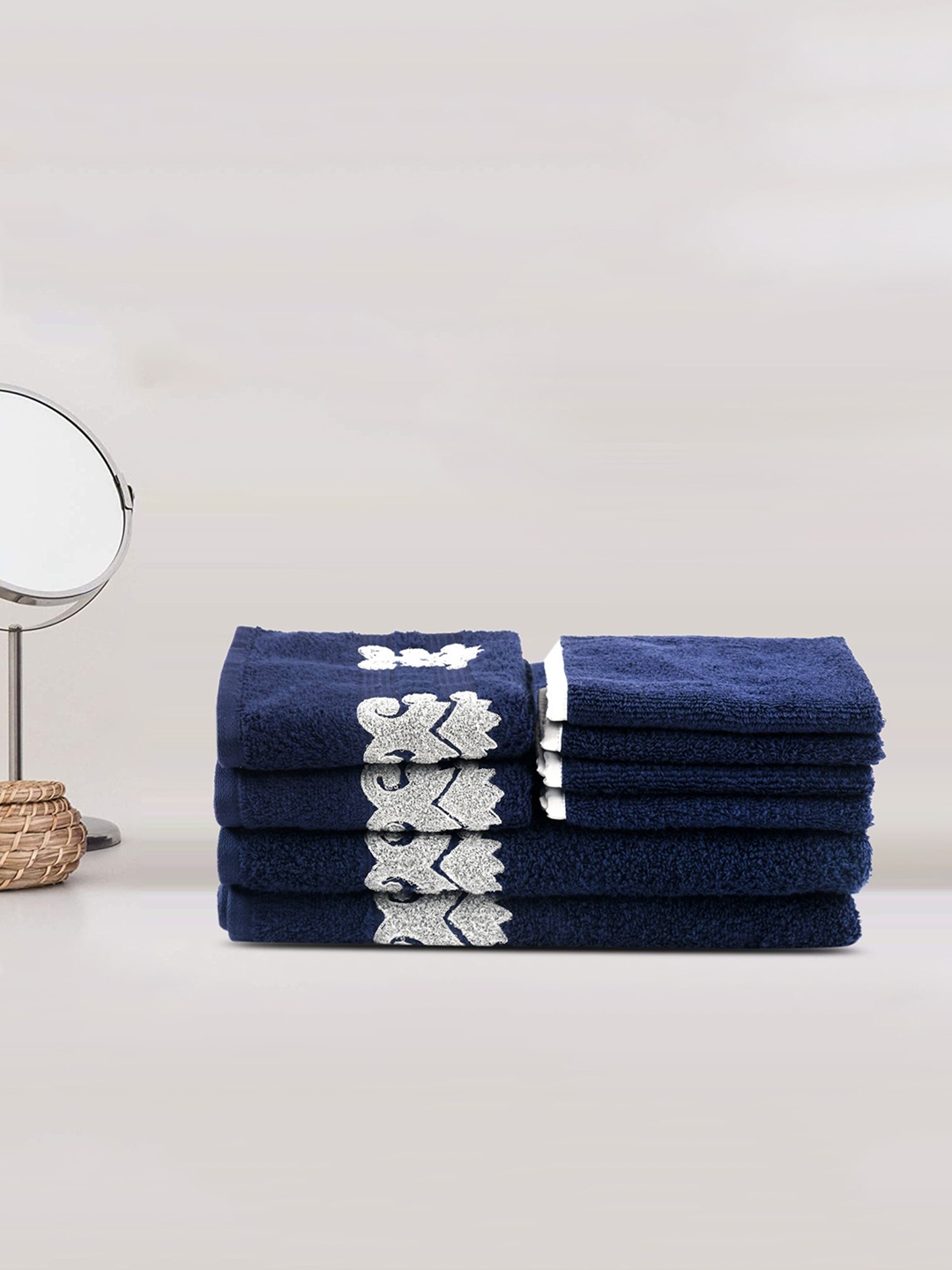 

LUSH & BEYOND Set Of 8 Navy-Blue & White Self-Design 500 GSM Pure Cotton Towels
