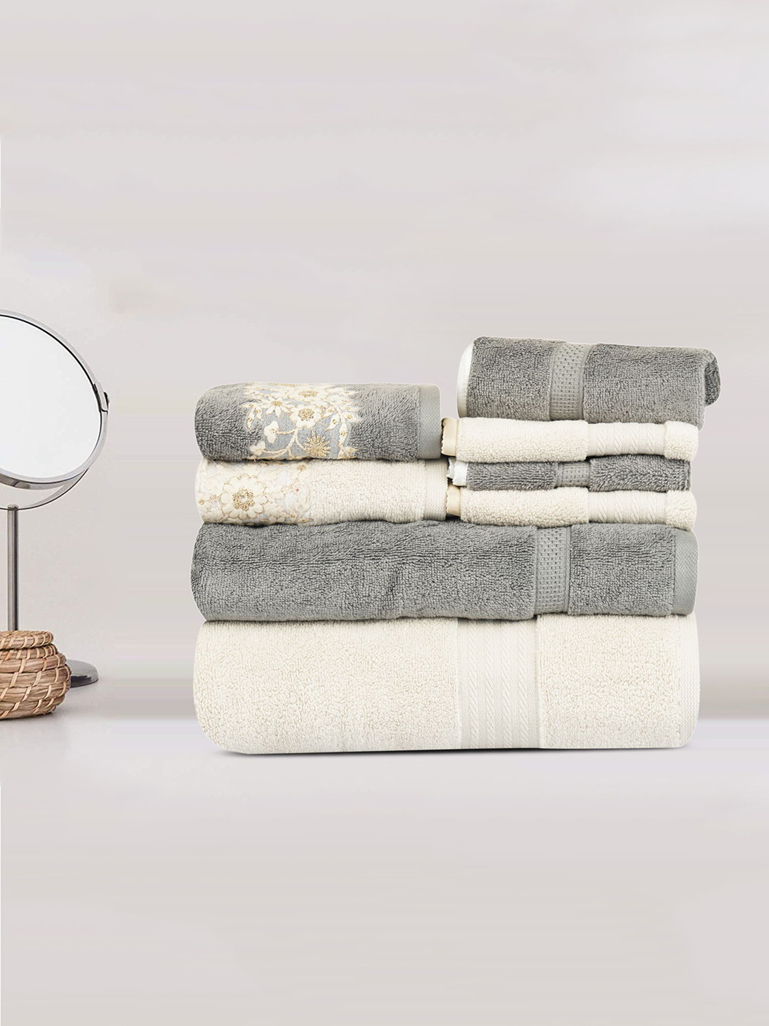 

LUSH & BEYOND Set Of 8 Grey & Beige Cotton 500 GSM Towel Set