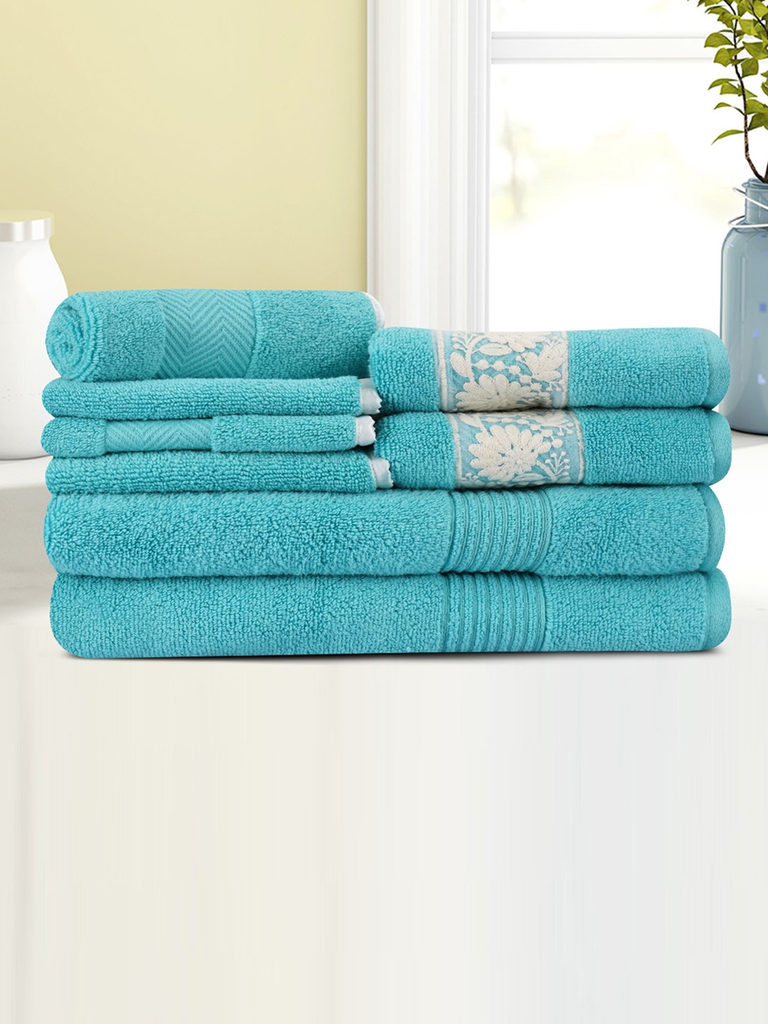 

LUSH & BEYOND Set Of 8 Teal-Blue Self-Design 500 GSM Pure Cotton Towels Set