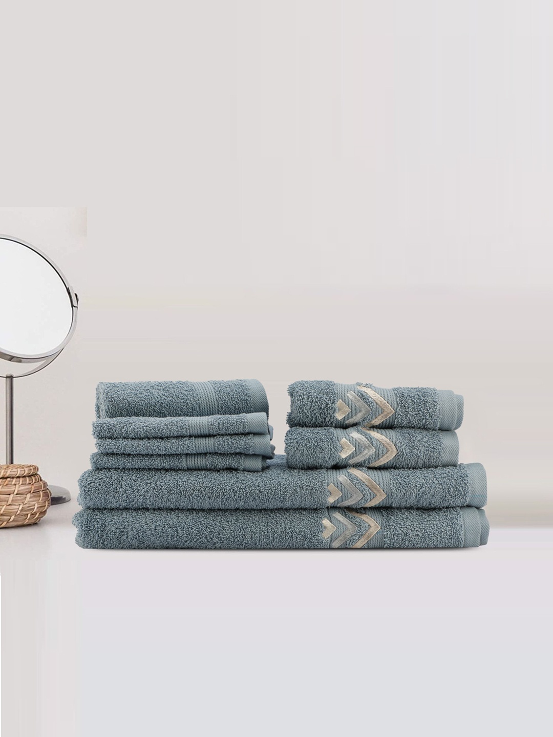 

LUSH & BEYOND Set of 8 Blue & White Self Design 500 GSM Cotton Towel Set