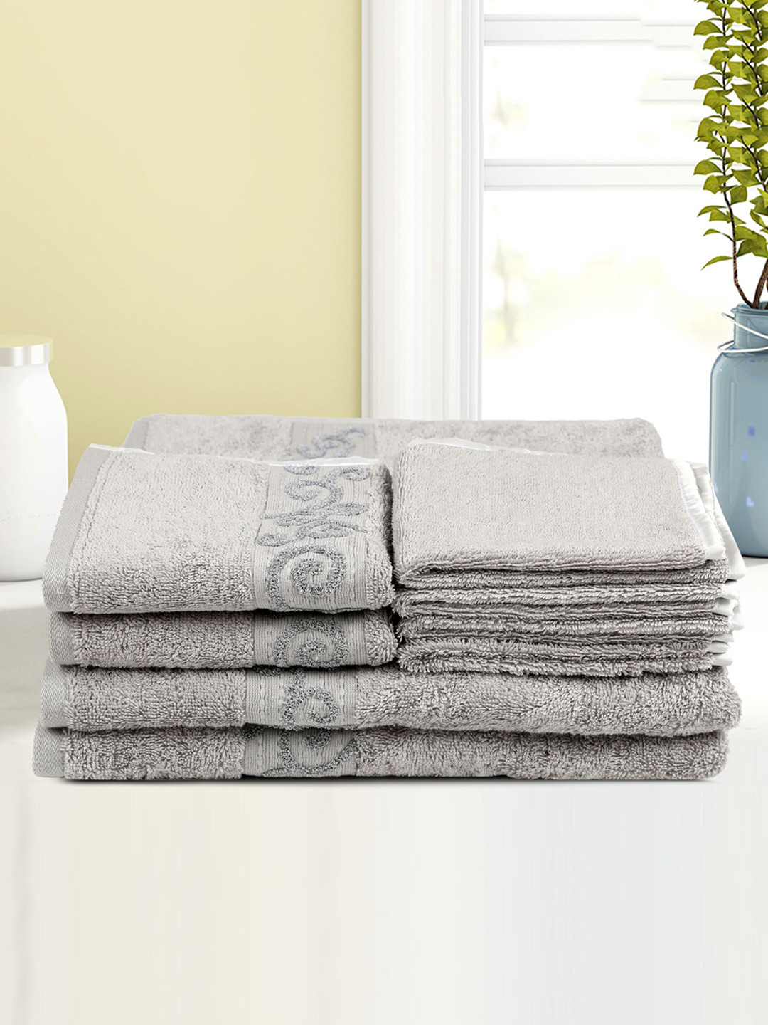 

LUSH & BEYOND Set of 8 Grey Self Design 500 GSM Cotton Towel Set