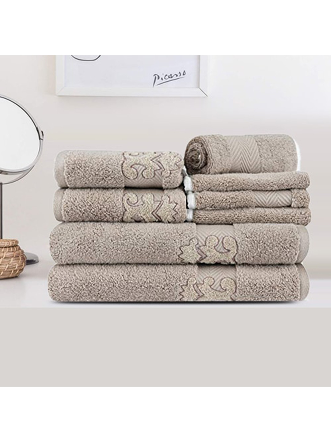 

LUSH & BEYOND Set Of 8 Beige 500 GSM Self Design Hand & Bath Towels
