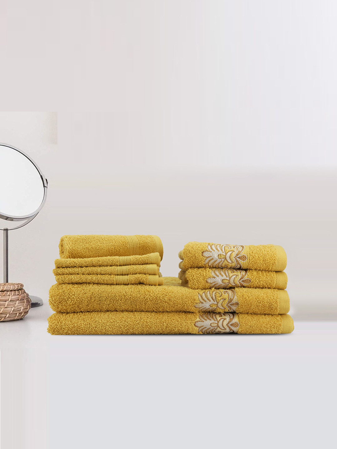 

LUSH & BEYOND Set Of 8 Mustard & White Printed 500 GSM Pure Cotton Towel Set