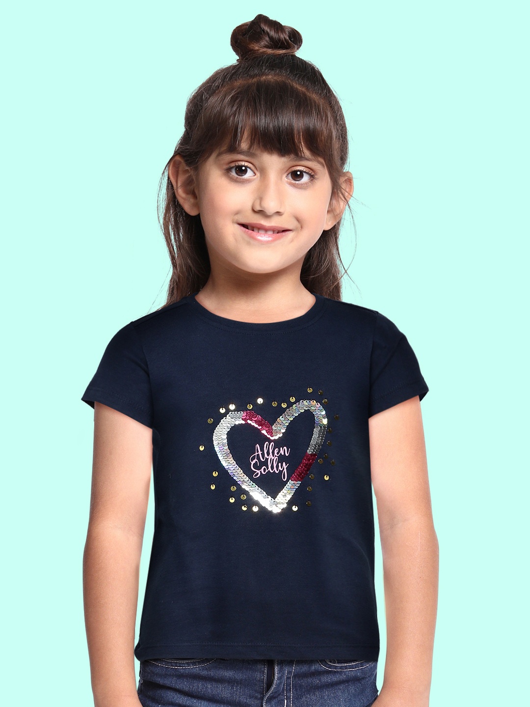 

Allen Solly Junior Girls Navy Blue Sequined Pure Cotton T-shirt