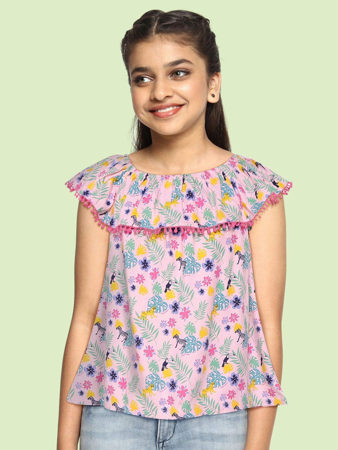 

Allen Solly Junior Girls Pink & Green Print Off-Shoulder A-line Top