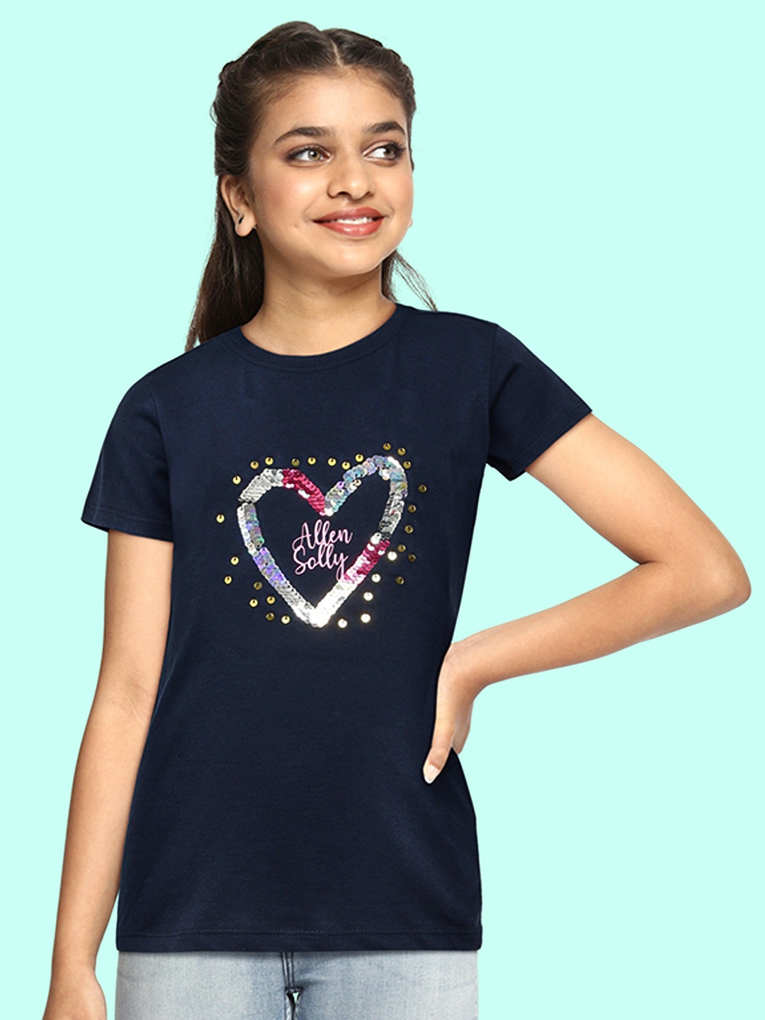 

Allen Solly Junior Girls Navy Blue Embellished Printed Pure Cotton T-shirt