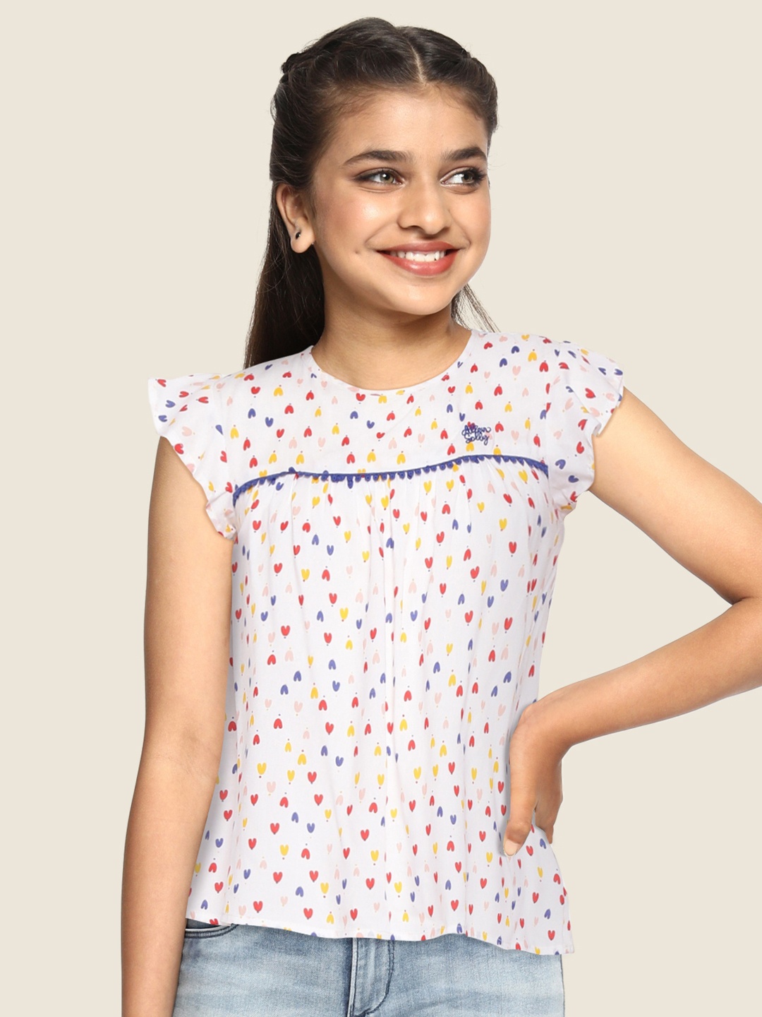 

Allen Solly Junior Girls White & Blue Heart Print Top