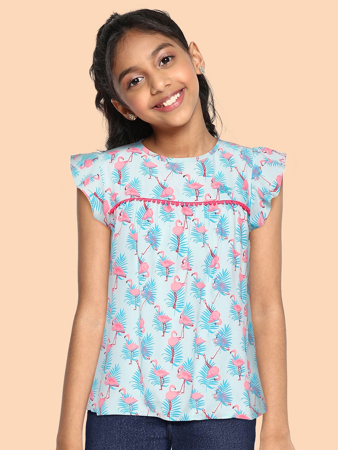 

Allen Solly Junior Girls Sea Green & Pink Printed A-line Top