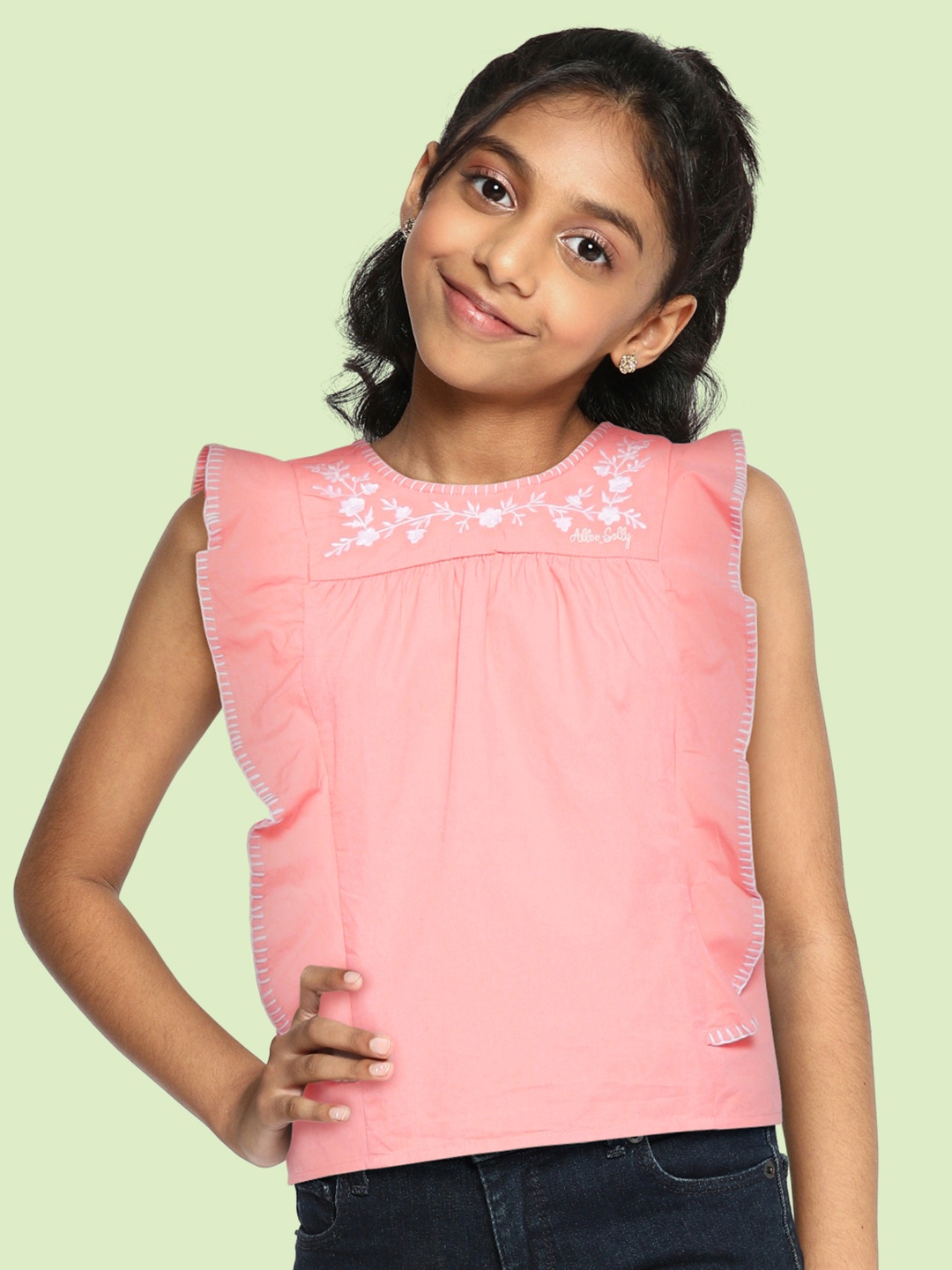 

Allen Solly Junior Girls Peach-Coloured & White Pure Cotton Floral Embroidered Top