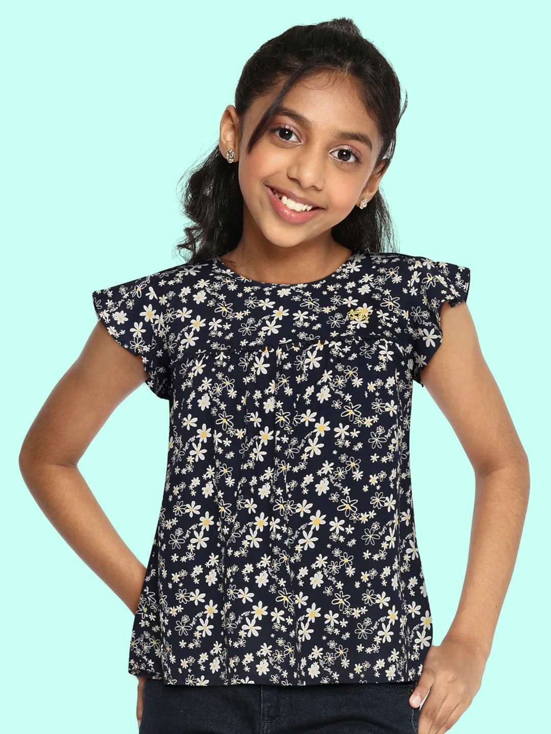 

Allen Solly Junior Girls Navy Blue & Off White Floral Print Top
