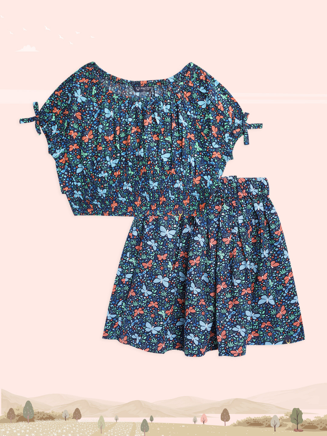 

Allen Solly Junior Girls Navy Blue & Green Floral Print Top with Skirt