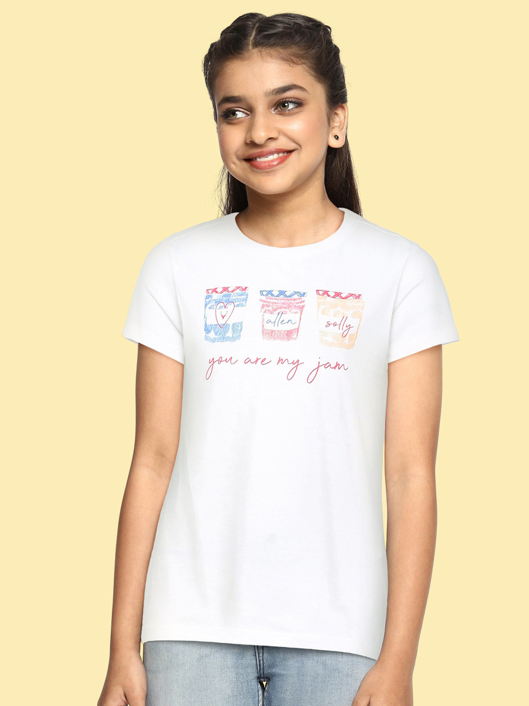 

Allen Solly Junior Girls White & Red Typography Printed Pure Cotton T-shirt
