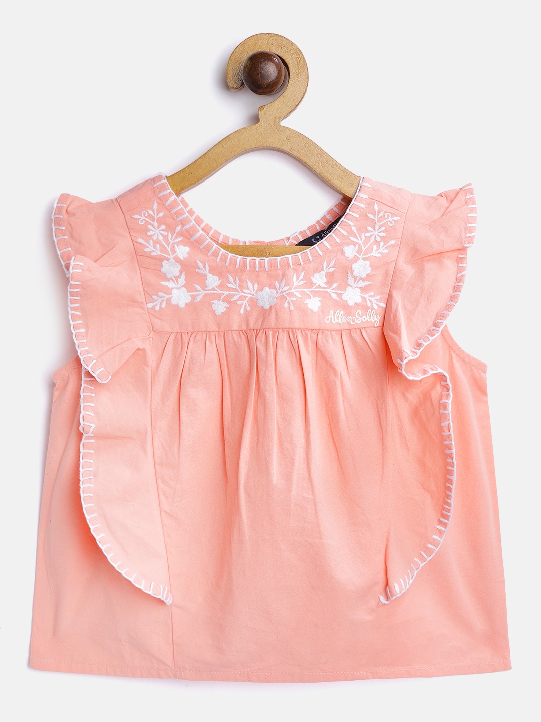 

Allen Solly Junior Girls Peach-Coloured & White Pure Cotton Floral Embroidered Top