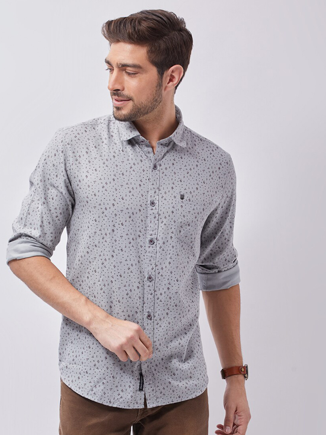 

Oxemberg Men Grey Classic Slim Fit Floral Printed Casual Shirt