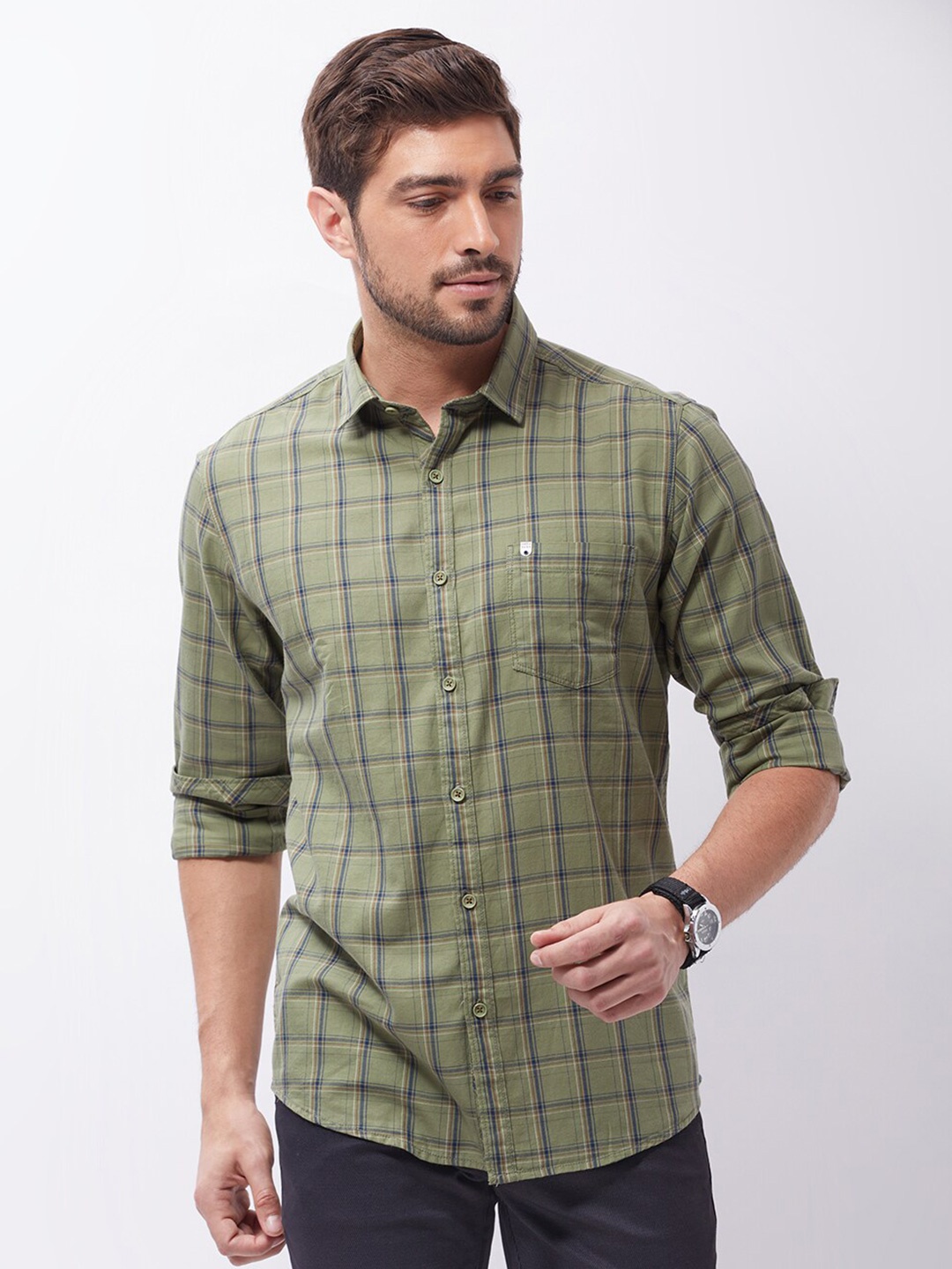 

Oxemberg Men Green Slim Fit Checked Casual Shirt