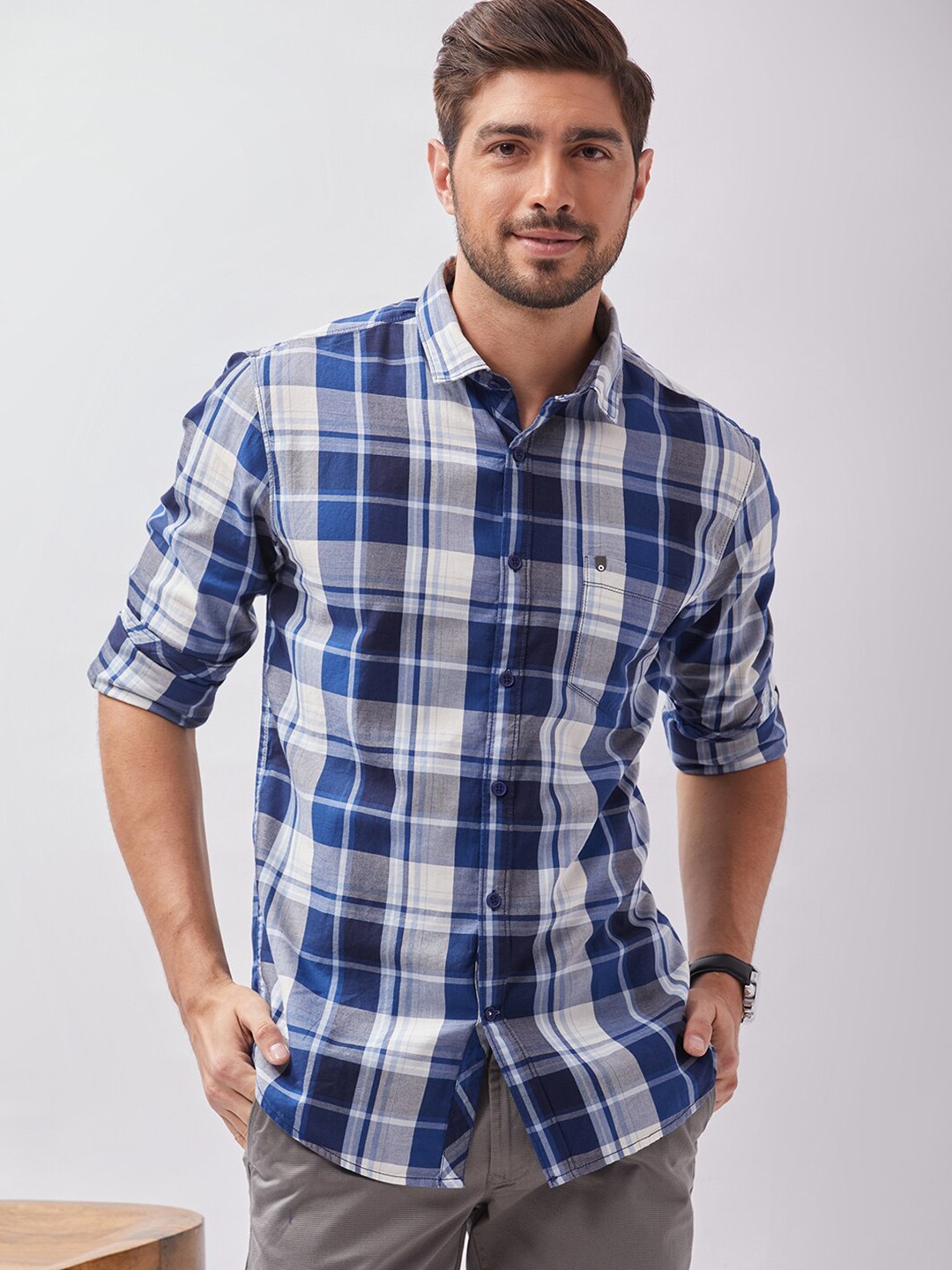 

Oxemberg Men Navy Blue Classic Slim Fit Tartan Checks Checked Cotton Casual Shirt