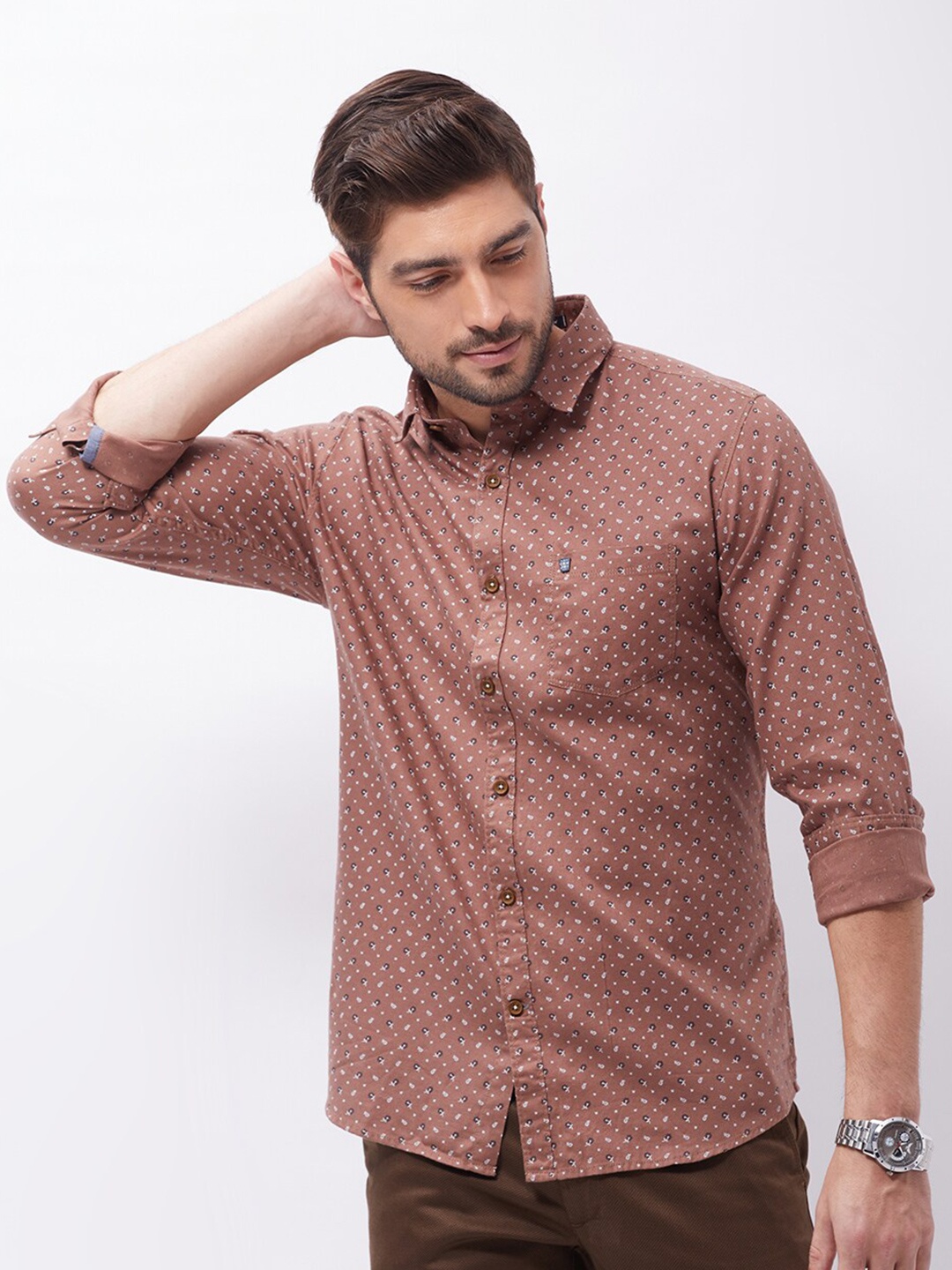 

Oxemberg Men Brown Classic Slim Fit Floral Printed Cotton Casual Shirt