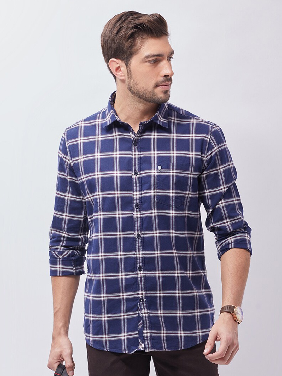 

Oxemberg Men Navy Blue Other Checks Checked Classic Slim Fit Casual Shirt