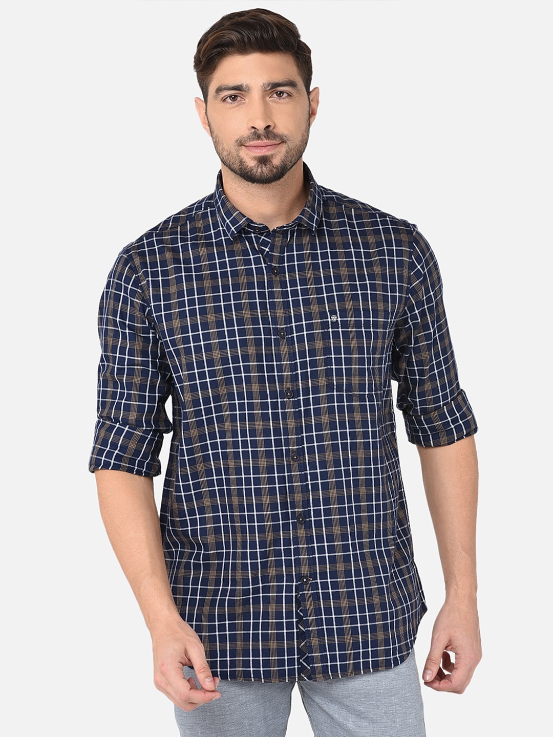

Oxemberg Men Classic Slim Fit Checked Cotton Casual Shirt, Navy blue