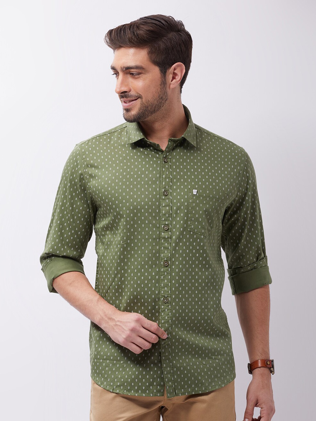 

Oxemberg Men Green Classic Slim Fit Printed Cotton Casual Shirt