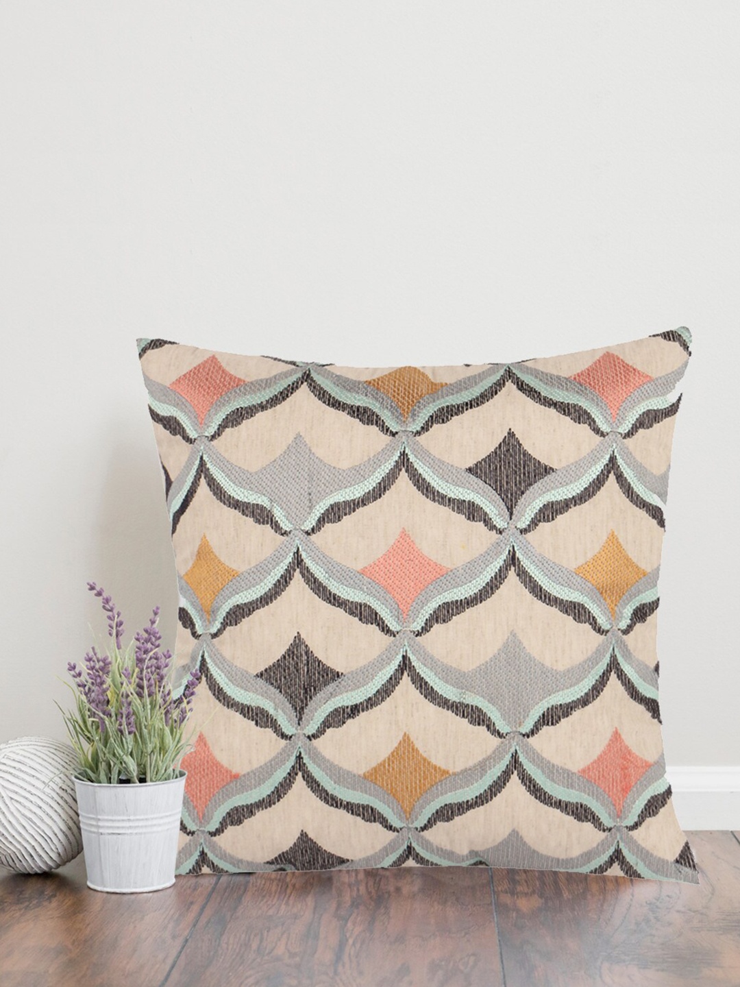 

Home Beige & Peach-Coloured Set of 2 Embroidered Square Cushion Covers
