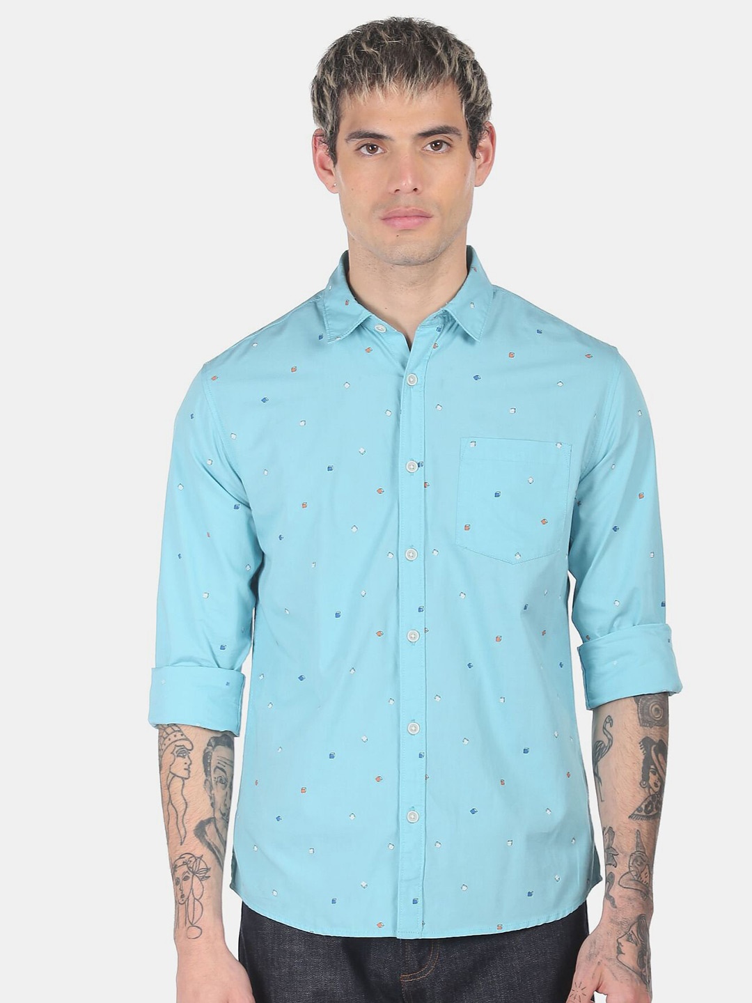

Ruggers Men Blue Printed Cotton Casual Shirt