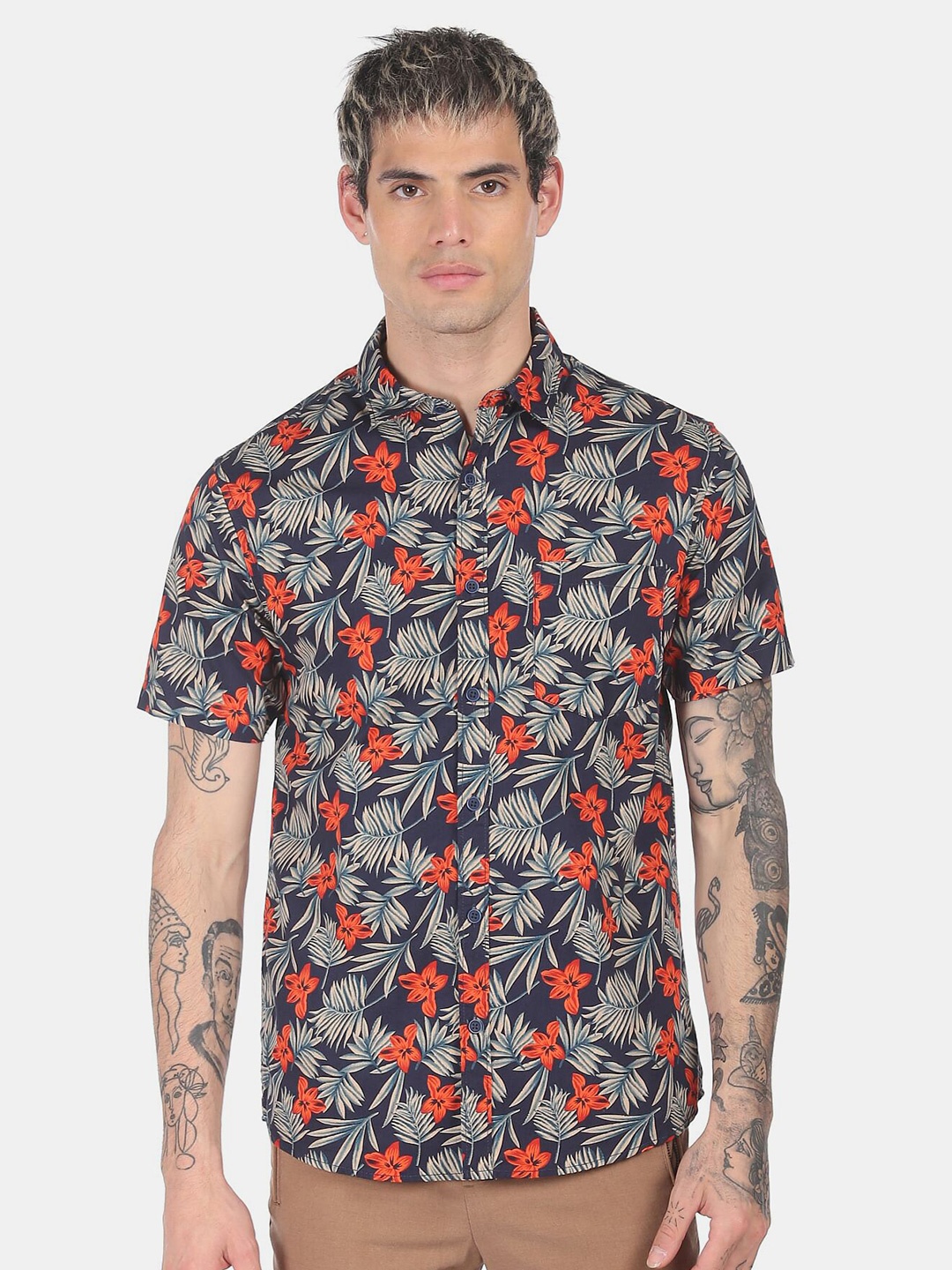 

Ruggers Men Navy Blue Floral Printed Pure Cotton Casual Shirt