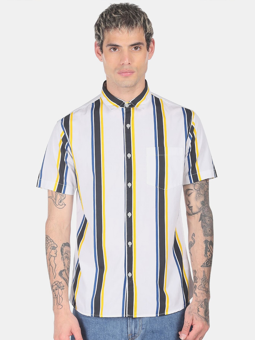 

Ruggers Men White & Yellow Striped Pure Cotton Casual Shirt