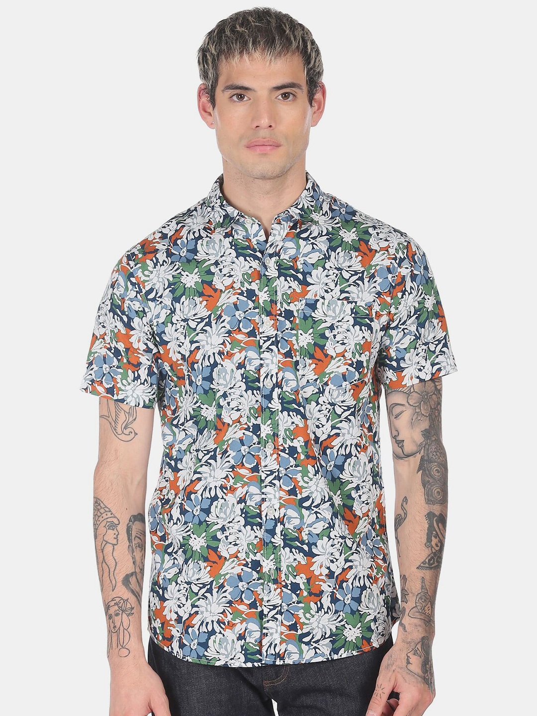 

Ruggers Men Blue Floral Printed Cotton Casual Shirt