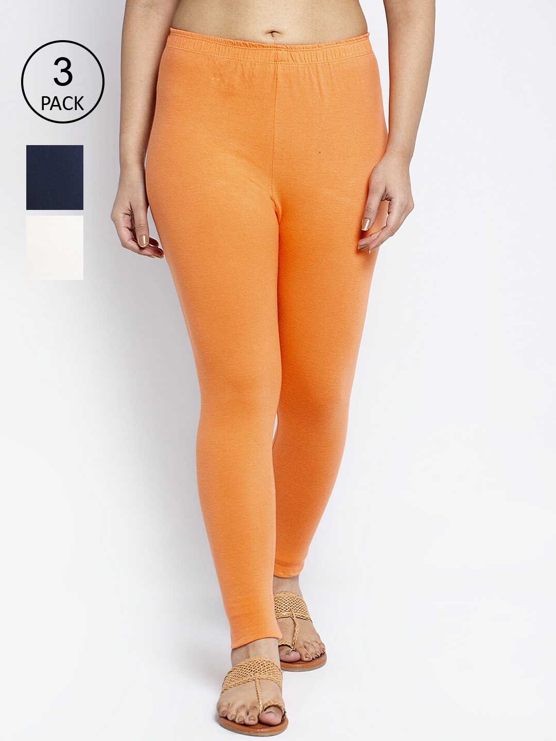 

GRACIT Women Pack Of 3 Ankle-Length Leggings, Orange