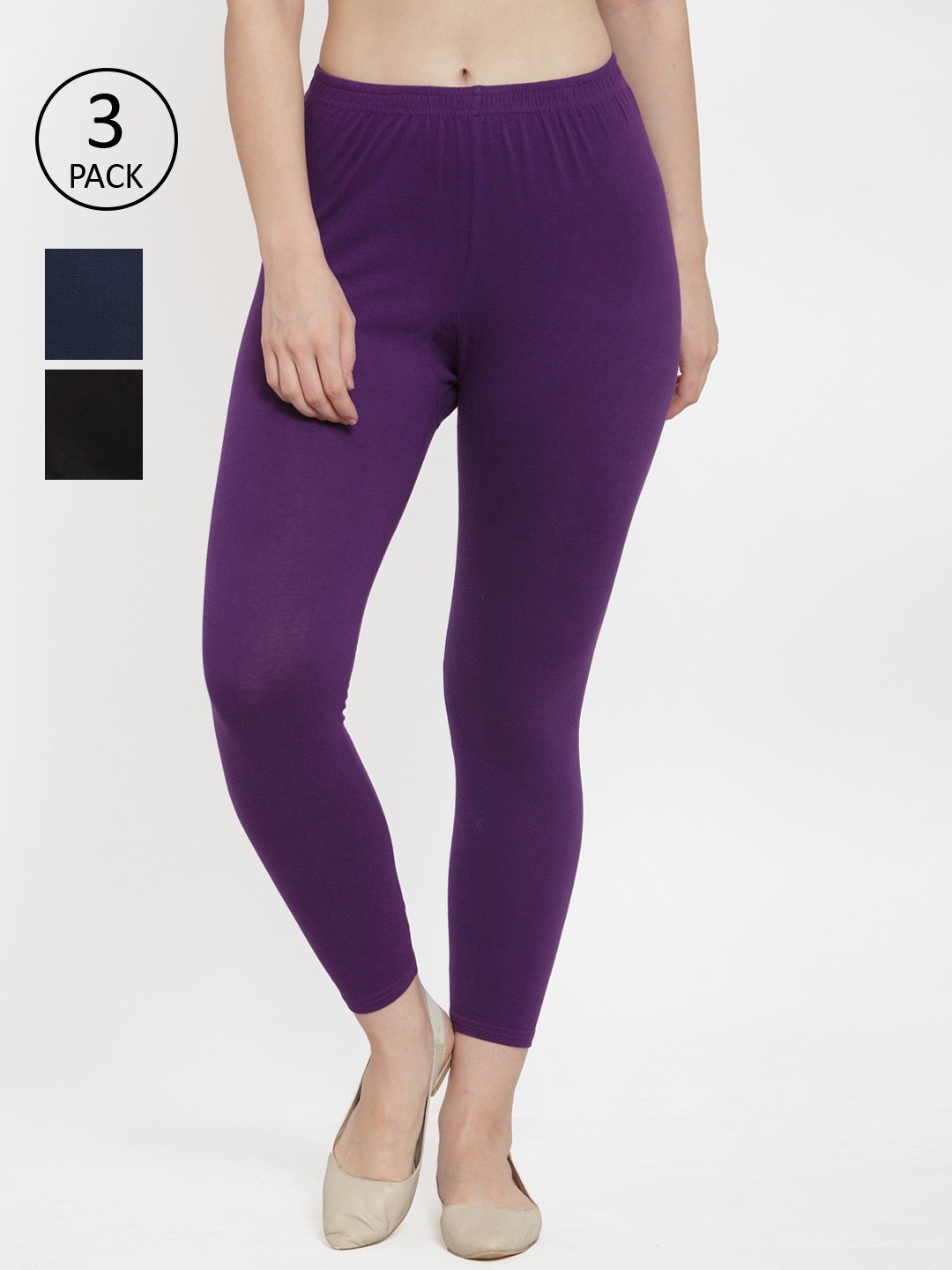 

GRACIT Women Pack Of 3 Black & Purple Solid Ankle-Length Leggings